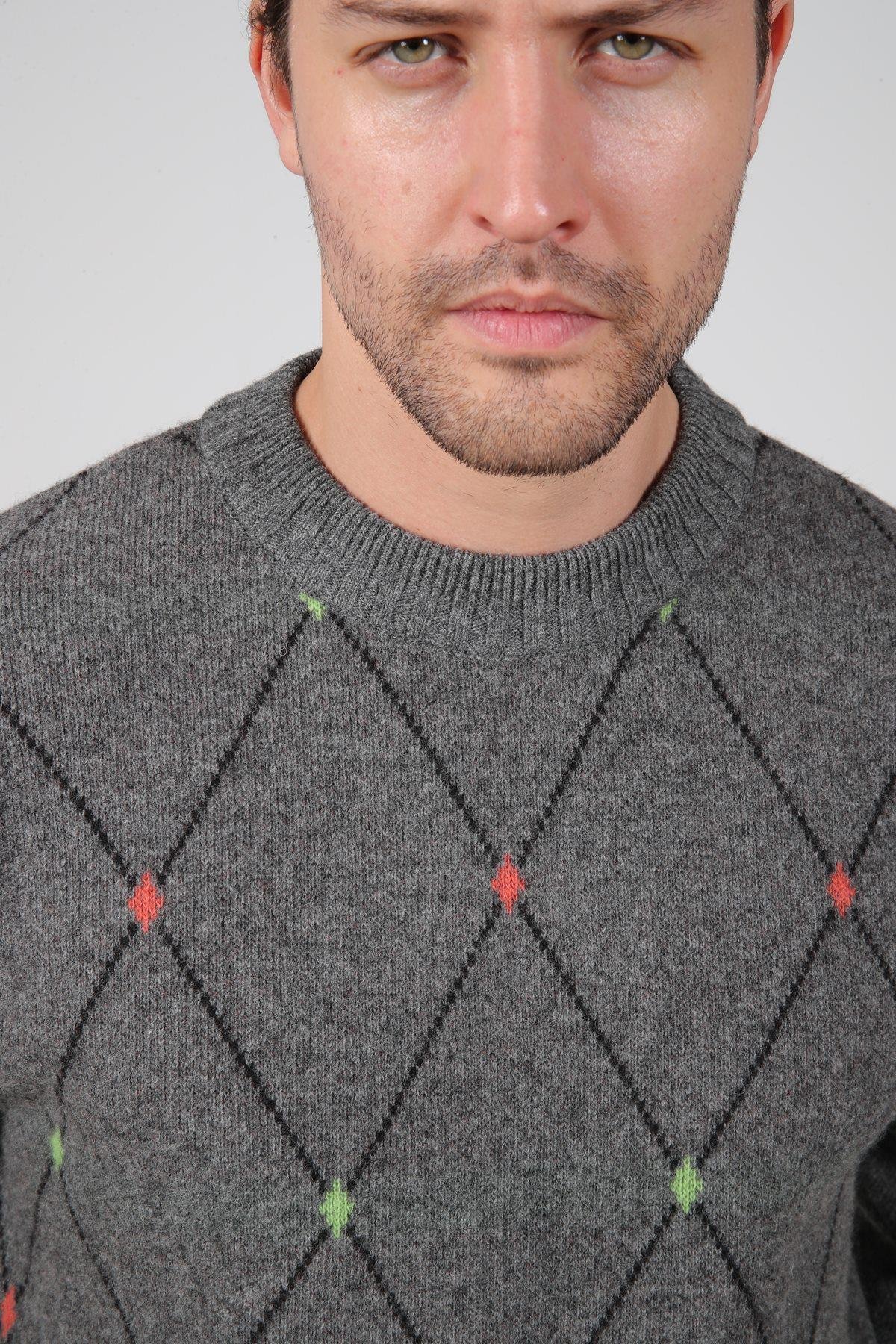 Ferraro Füme Bisiklet Yaka Geometrik Baklava Desenli Uzun Kollu %100 Kuzu Yünü Erkek Triko Kazak