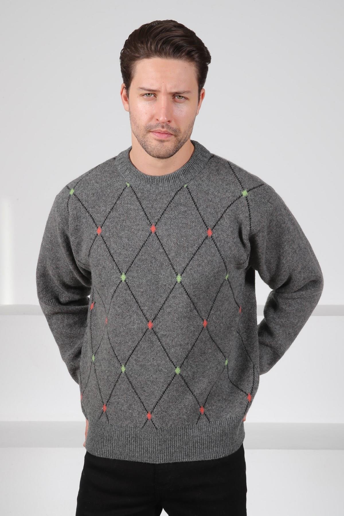 Ferraro Füme Bisiklet Yaka Geometrik Baklava Desenli Uzun Kollu %100 Kuzu Yünü Erkek Triko Kazak