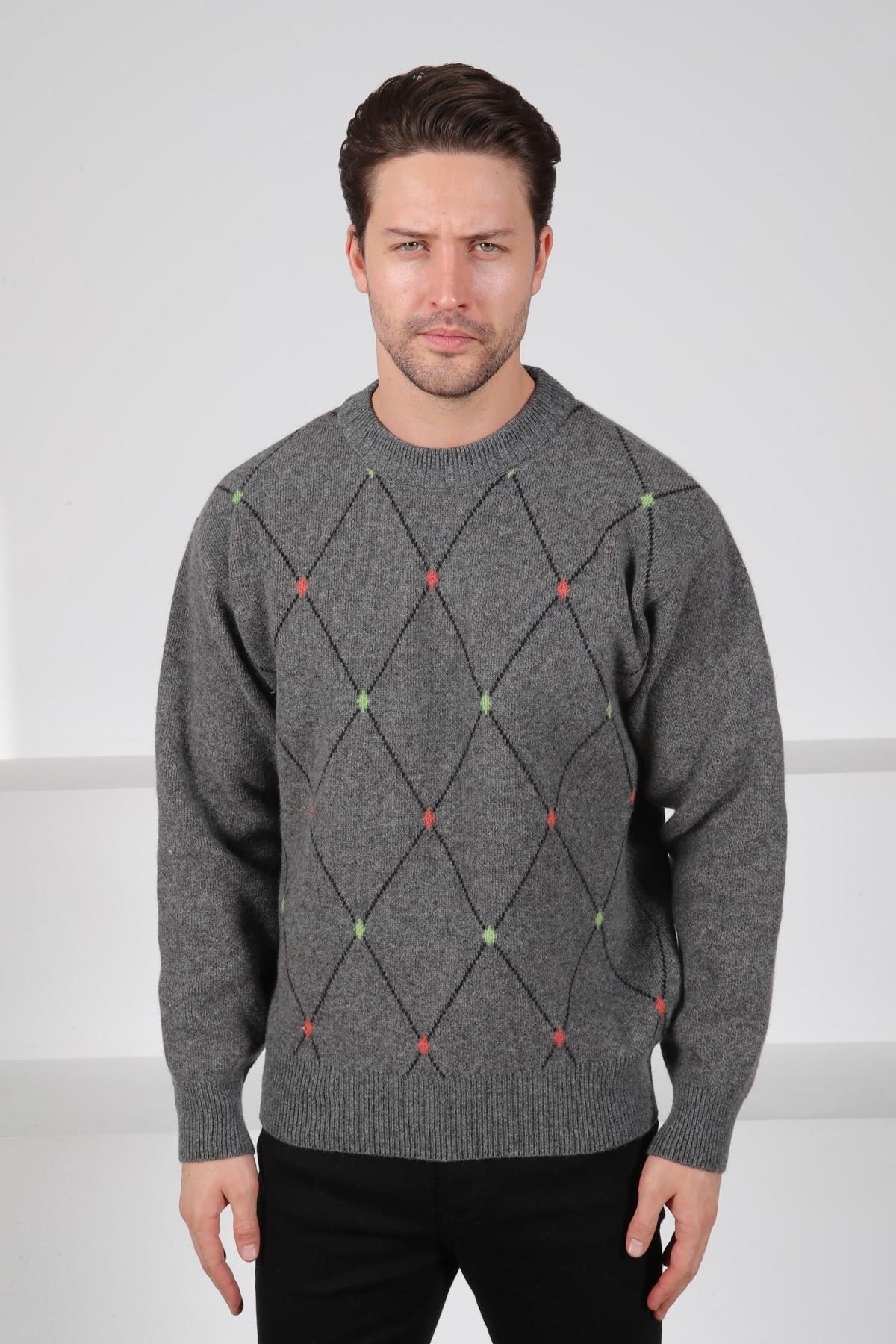 Ferraro Füme Bisiklet Yaka Geometrik Baklava Desenli Uzun Kollu %100 Kuzu Yünü Erkek Triko Kazak