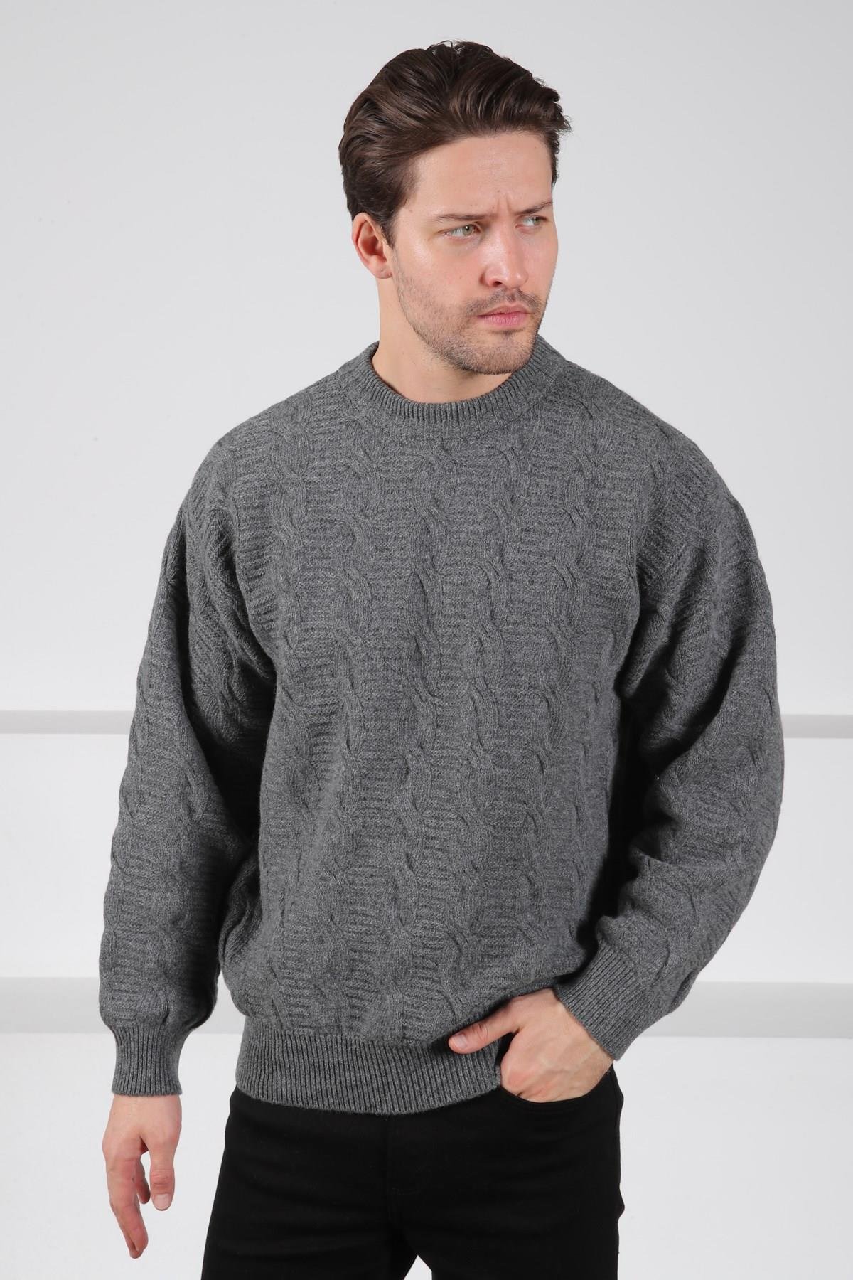Ferraro Füme Bisiklet Yaka Kabartma Örgü Uzun Kollu %100 Kuzu Yünü Erkek Triko Kazak
