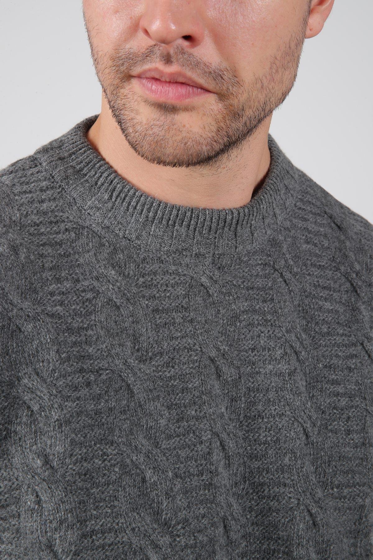 Ferraro Füme Bisiklet Yaka Kabartma Örgü Uzun Kollu %100 Kuzu Yünü Erkek Triko Kazak