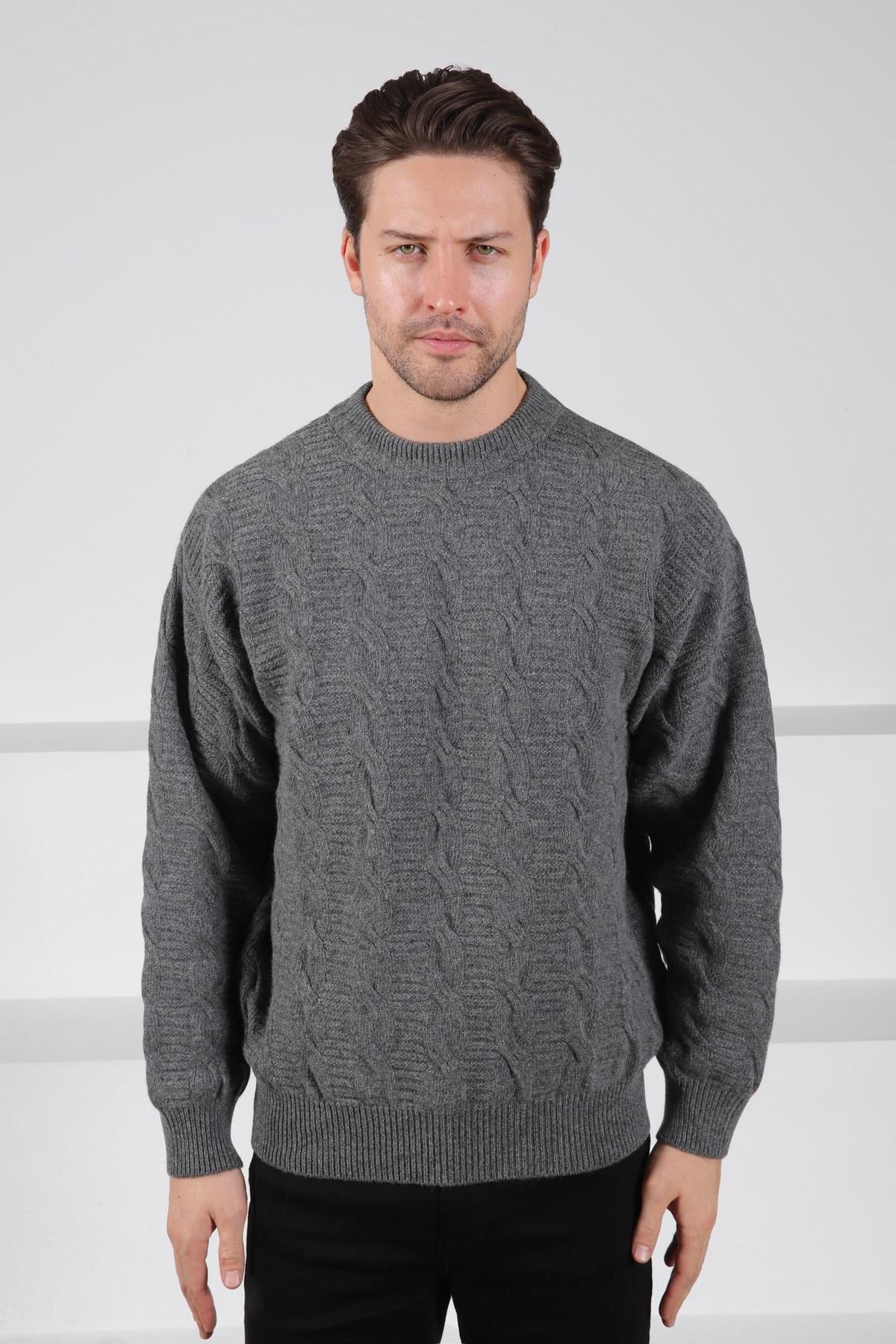 Ferraro Füme Bisiklet Yaka Kabartma Örgü Uzun Kollu %100 Kuzu Yünü Erkek Triko Kazak