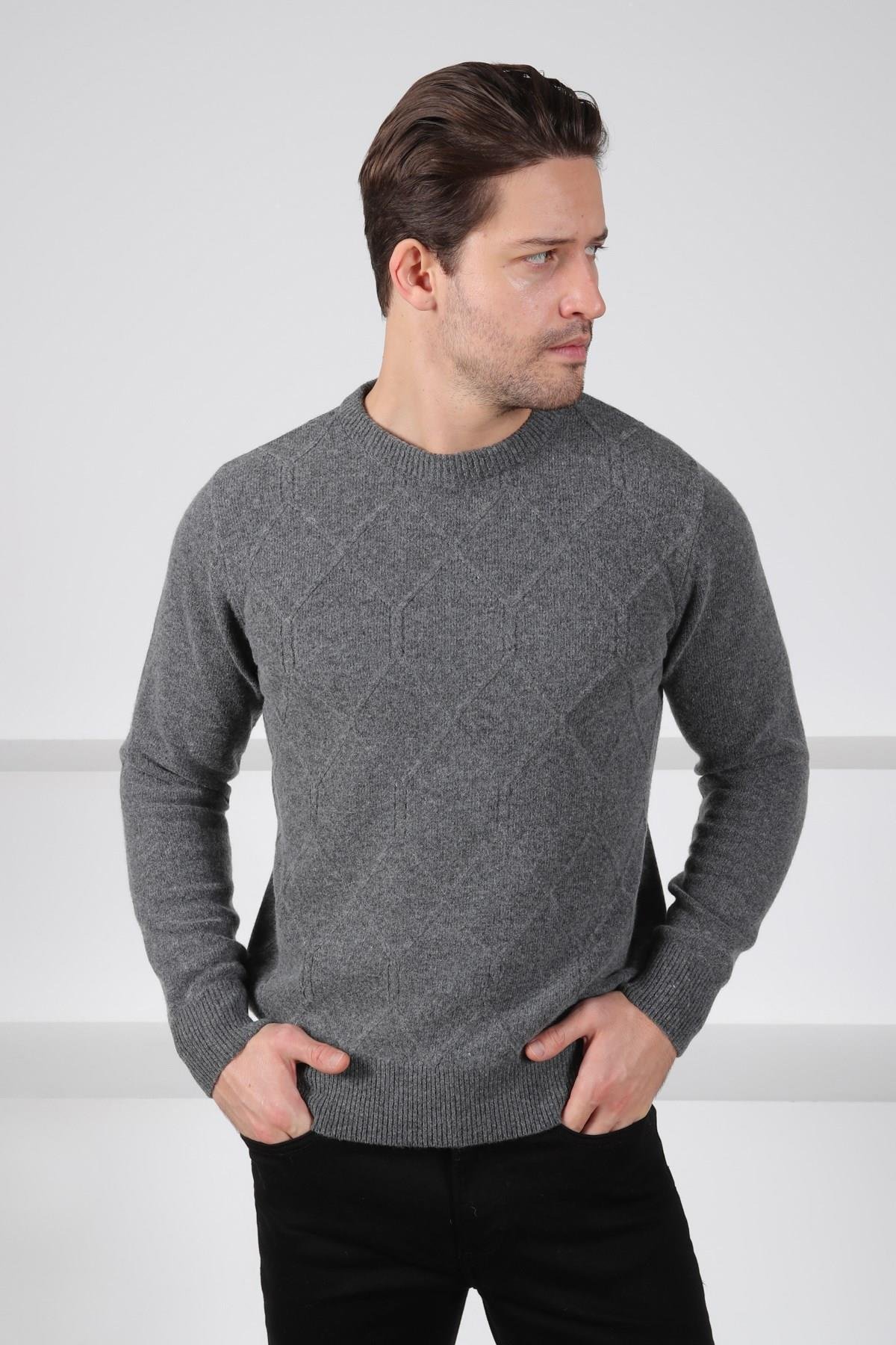 Ferraro Füme Bisiklet Yaka Kabartmalı Petek Desenli Uzun Kollu %100 Kuzu Yünü Erkek Triko Kazak