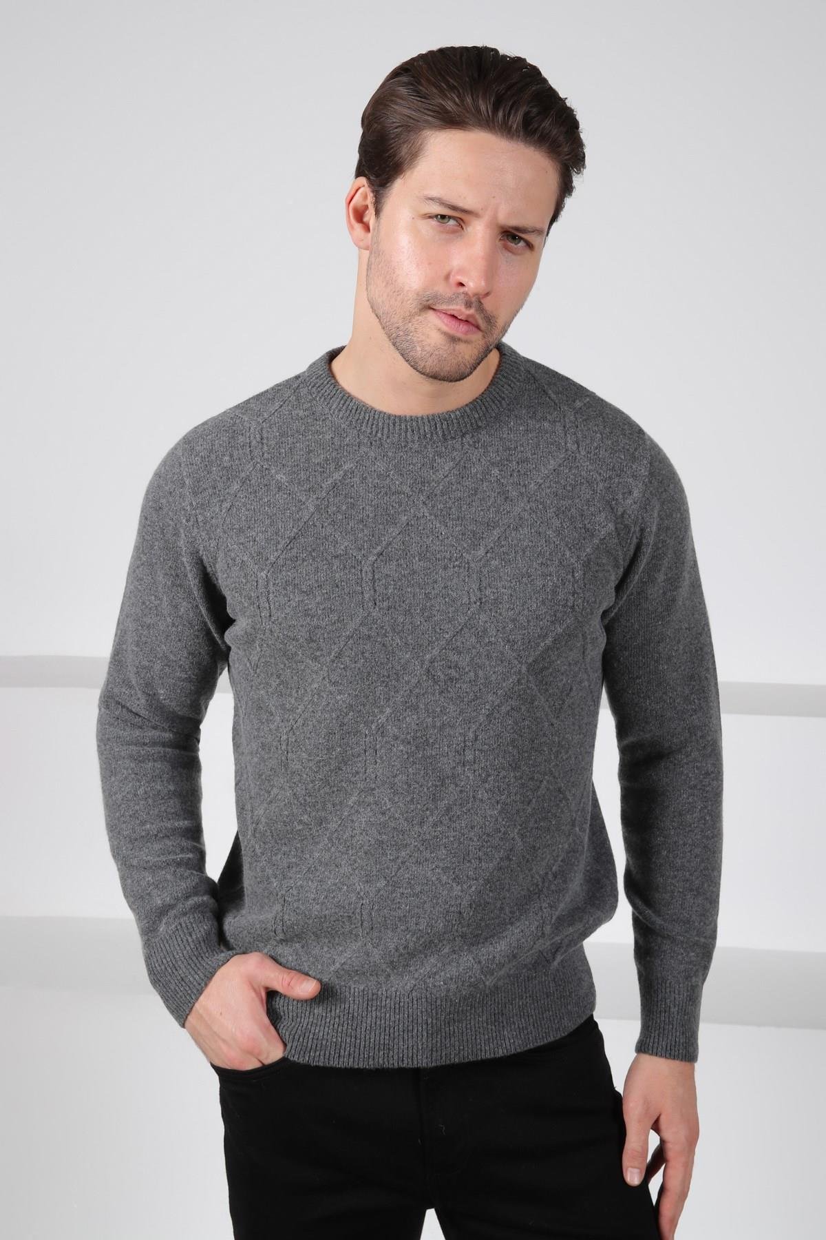 Ferraro Füme Bisiklet Yaka Kabartmalı Petek Desenli Uzun Kollu %100 Kuzu Yünü Erkek Triko Kazak