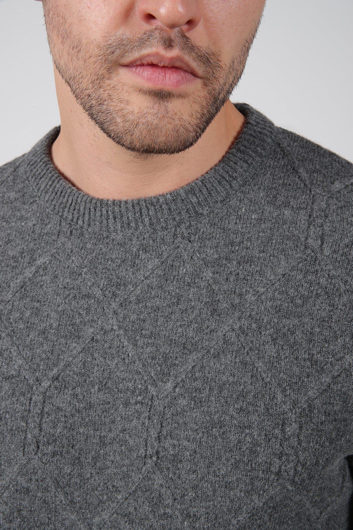 Ferraro Füme Bisiklet Yaka Kabartmalı Petek Desenli Uzun Kollu %100 Kuzu Yünü Erkek Triko Kazak