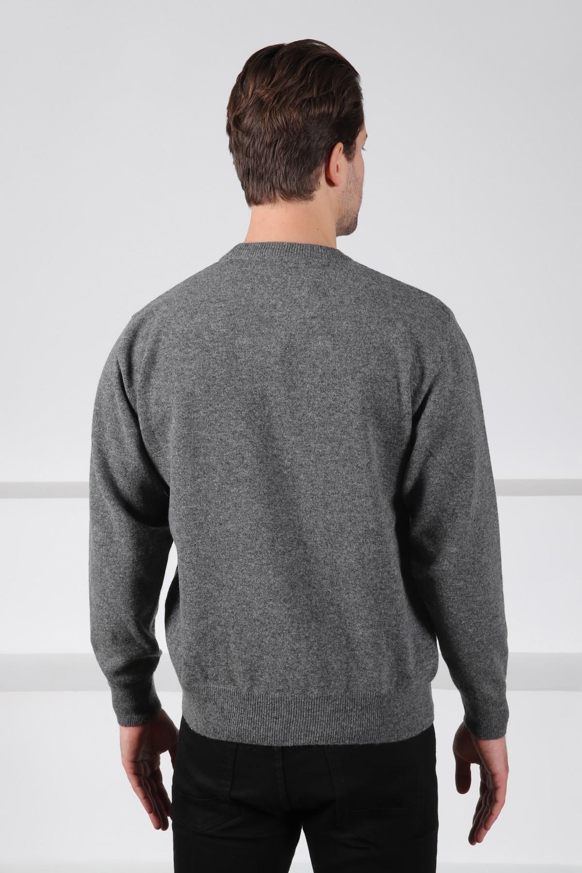 Ferraro Füme Bisiklet Yaka Kabartmalı Petek Desenli Uzun Kollu %100 Kuzu Yünü Erkek Triko Kazak