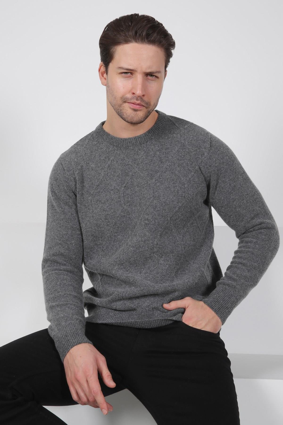 Ferraro Füme Bisiklet Yaka Kabartmalı Petek Desenli Uzun Kollu %100 Kuzu Yünü Erkek Triko Kazak