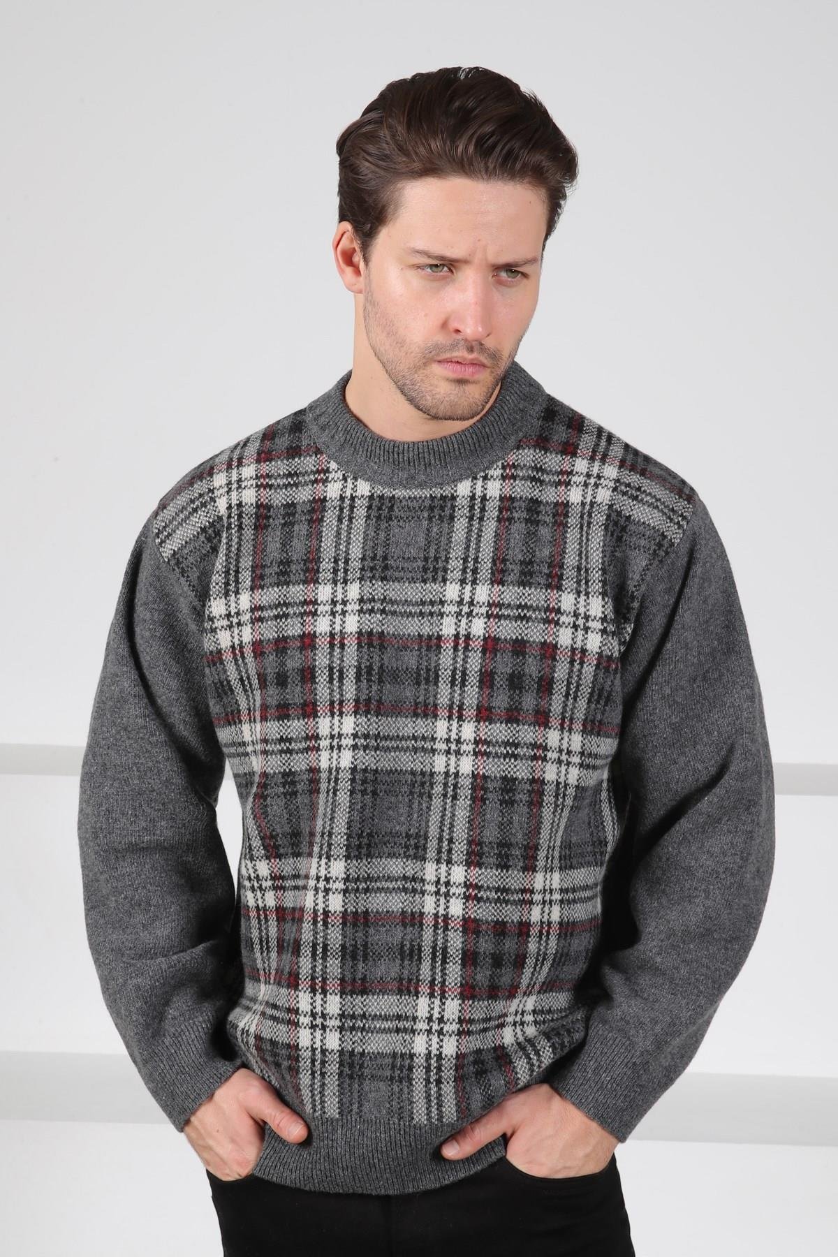 Ferraro Füme Bisiklet Yaka Önü Çizgili Uzun Kollu Kuzu Yünü Karışımlı Erkek Triko Kazak