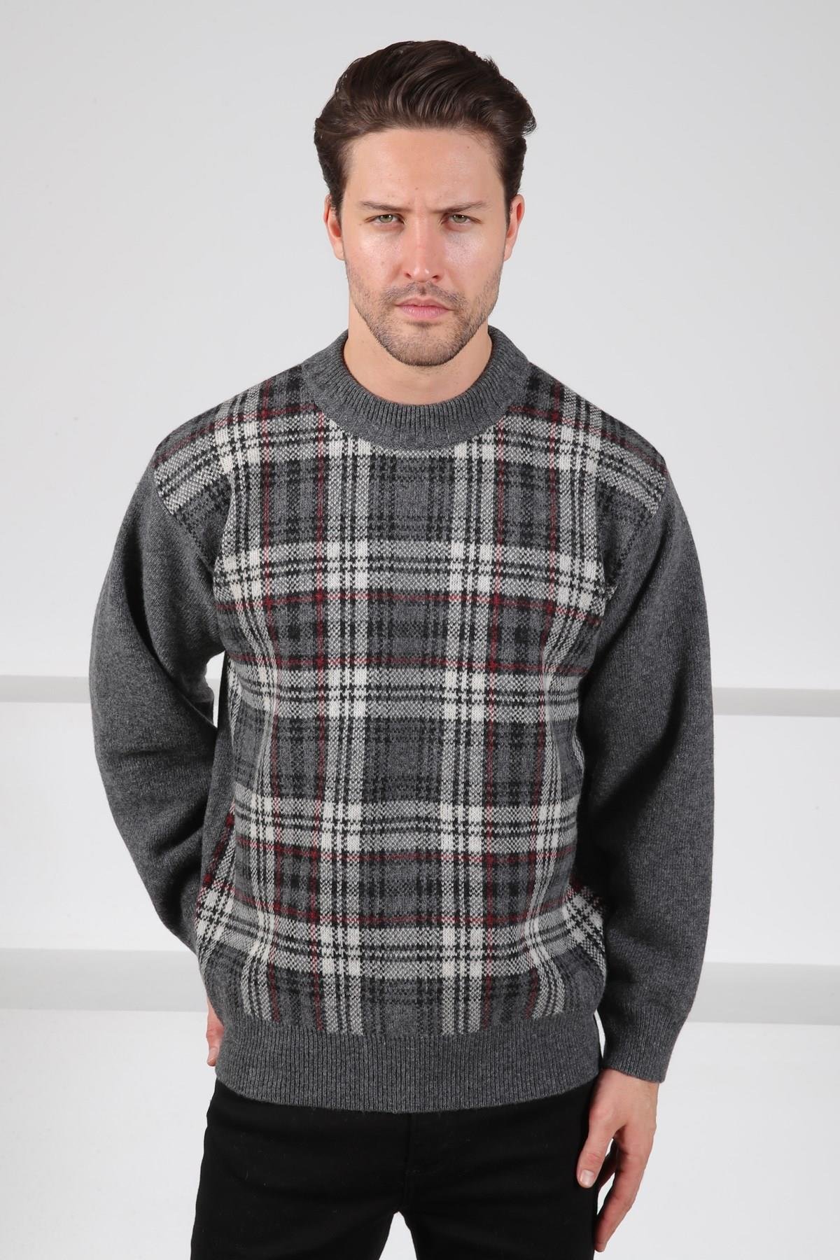 Ferraro Füme Bisiklet Yaka Önü Çizgili Uzun Kollu Kuzu Yünü Karışımlı Erkek Triko Kazak