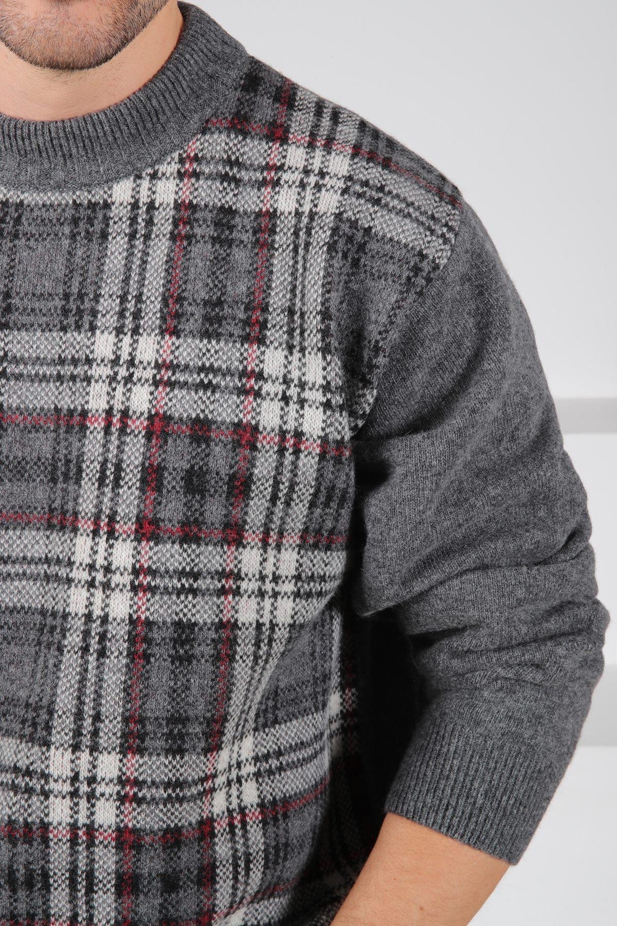 Ferraro Füme Bisiklet Yaka Önü Çizgili Uzun Kollu Kuzu Yünü Karışımlı Erkek Triko Kazak