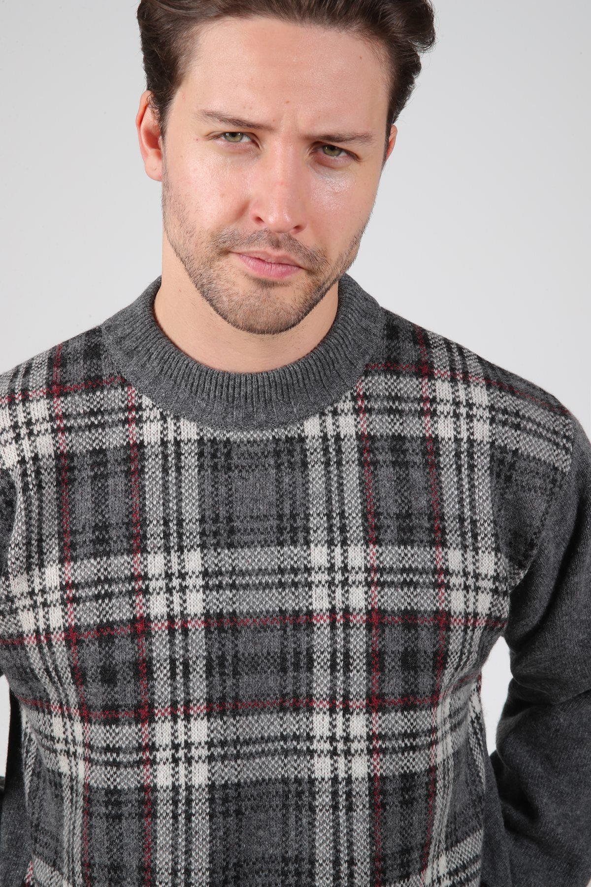 Ferraro Füme Bisiklet Yaka Önü Çizgili Uzun Kollu Kuzu Yünü Karışımlı Erkek Triko Kazak