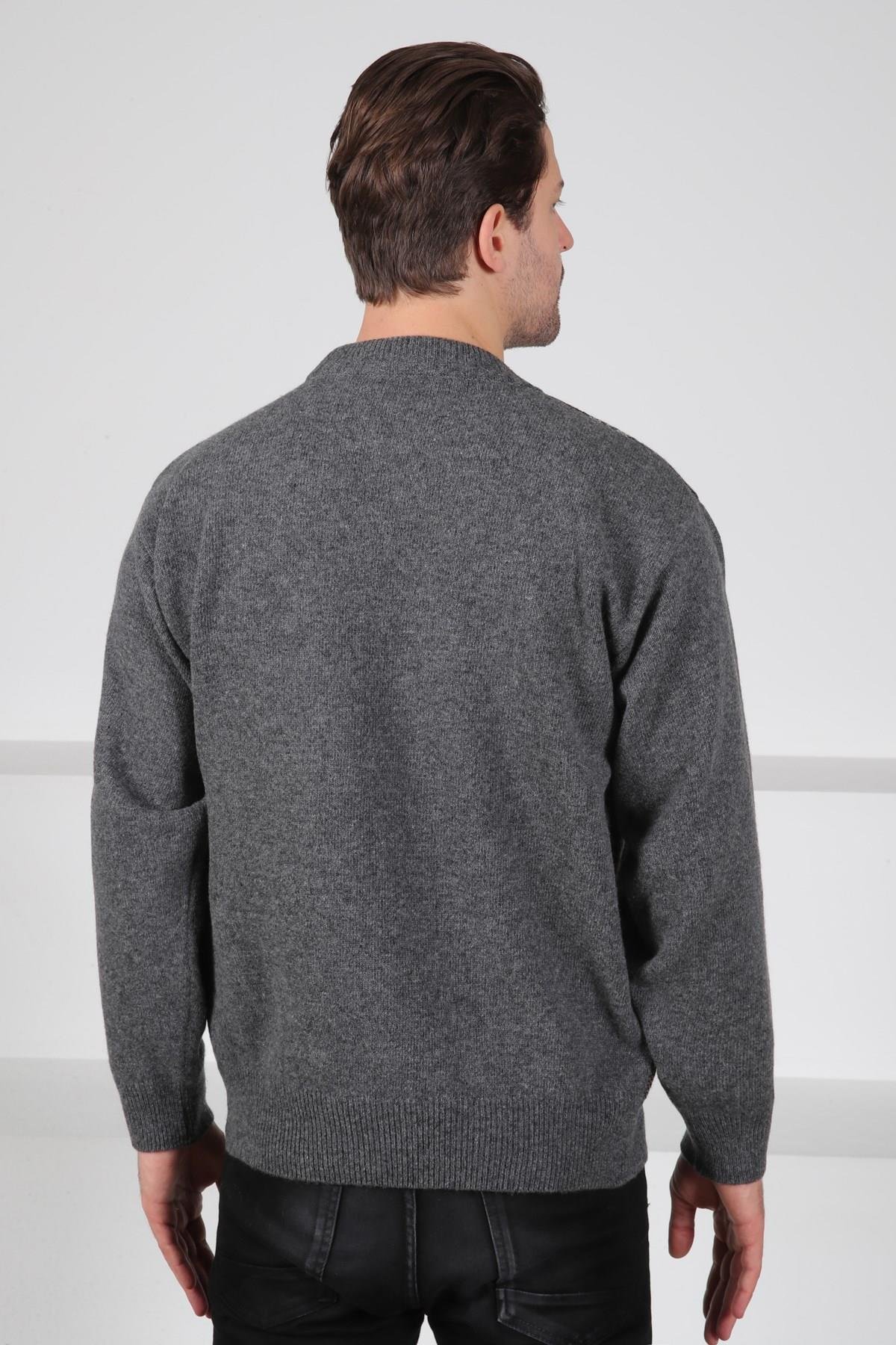 Ferraro Füme Bisiklet Yaka Önü Çizgili Uzun Kollu Kuzu Yünü Karışımlı Erkek Triko Kazak