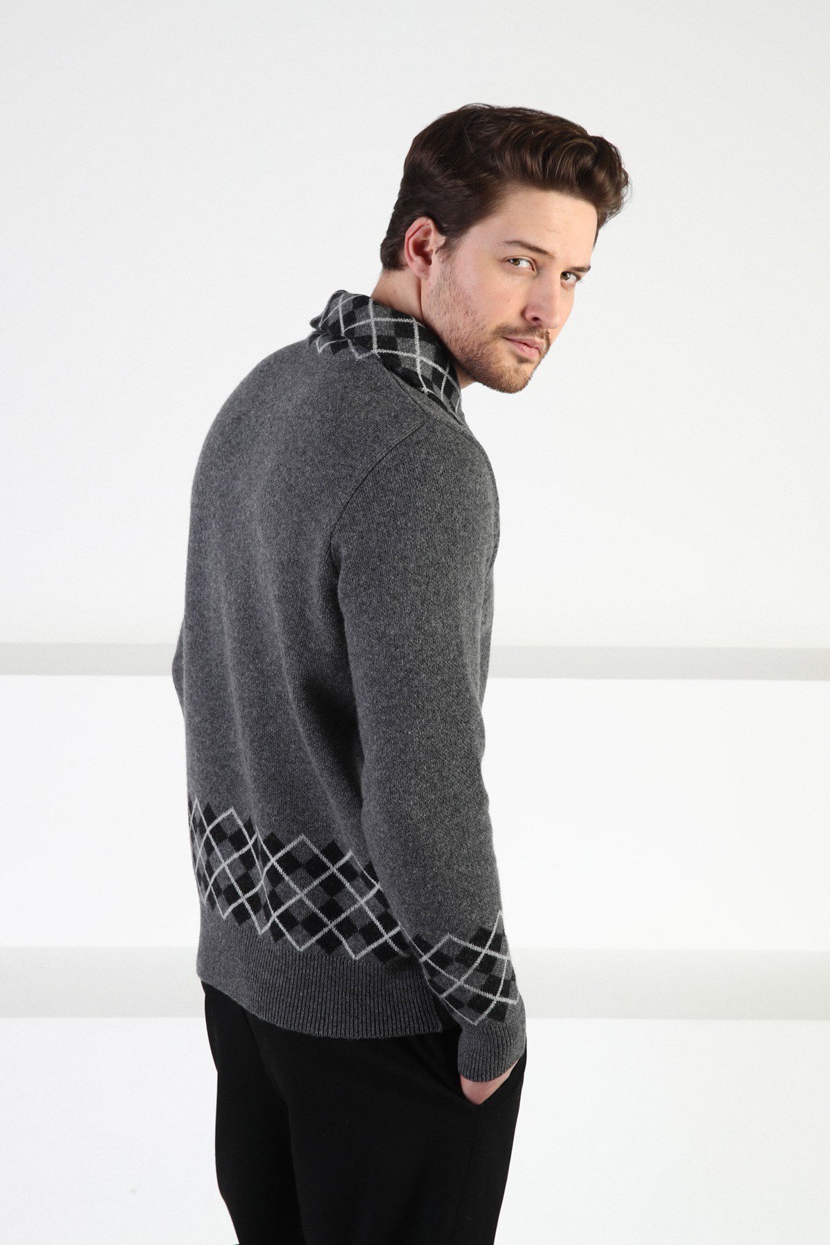 Ferraro Füme Düğmeli Dik Yaka %100 Kuzu Yünü Erkek Kazak