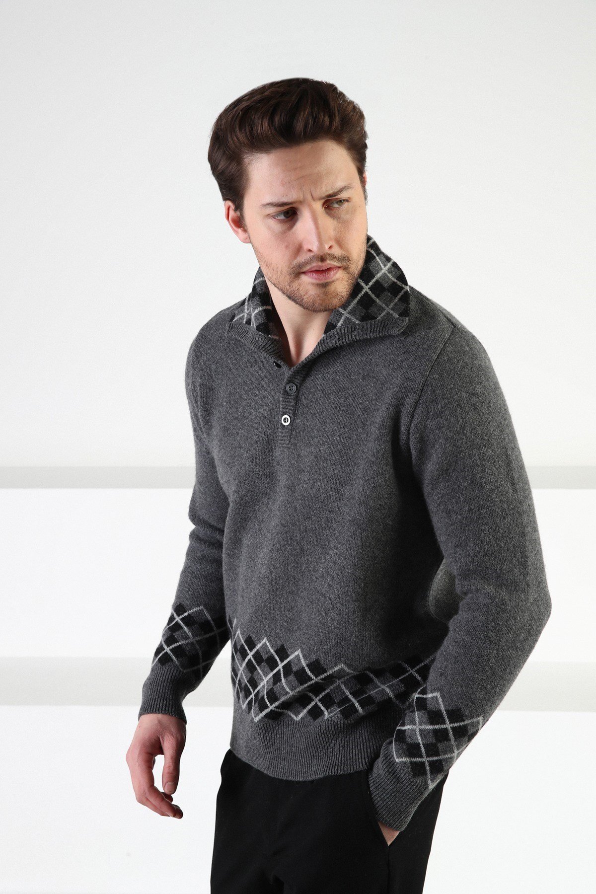 Ferraro Füme Düğmeli Dik Yaka %100 Kuzu Yünü Erkek Kazak