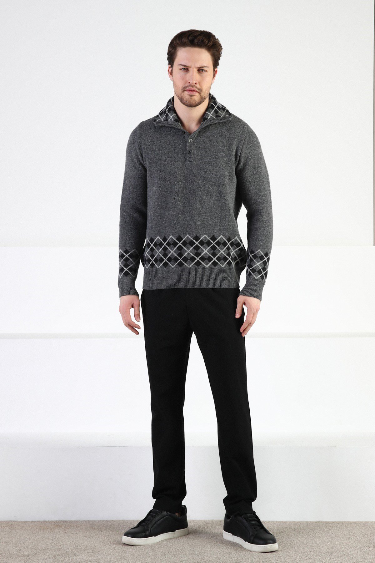 Ferraro Füme Düğmeli Dik Yaka %100 Kuzu Yünü Erkek Kazak