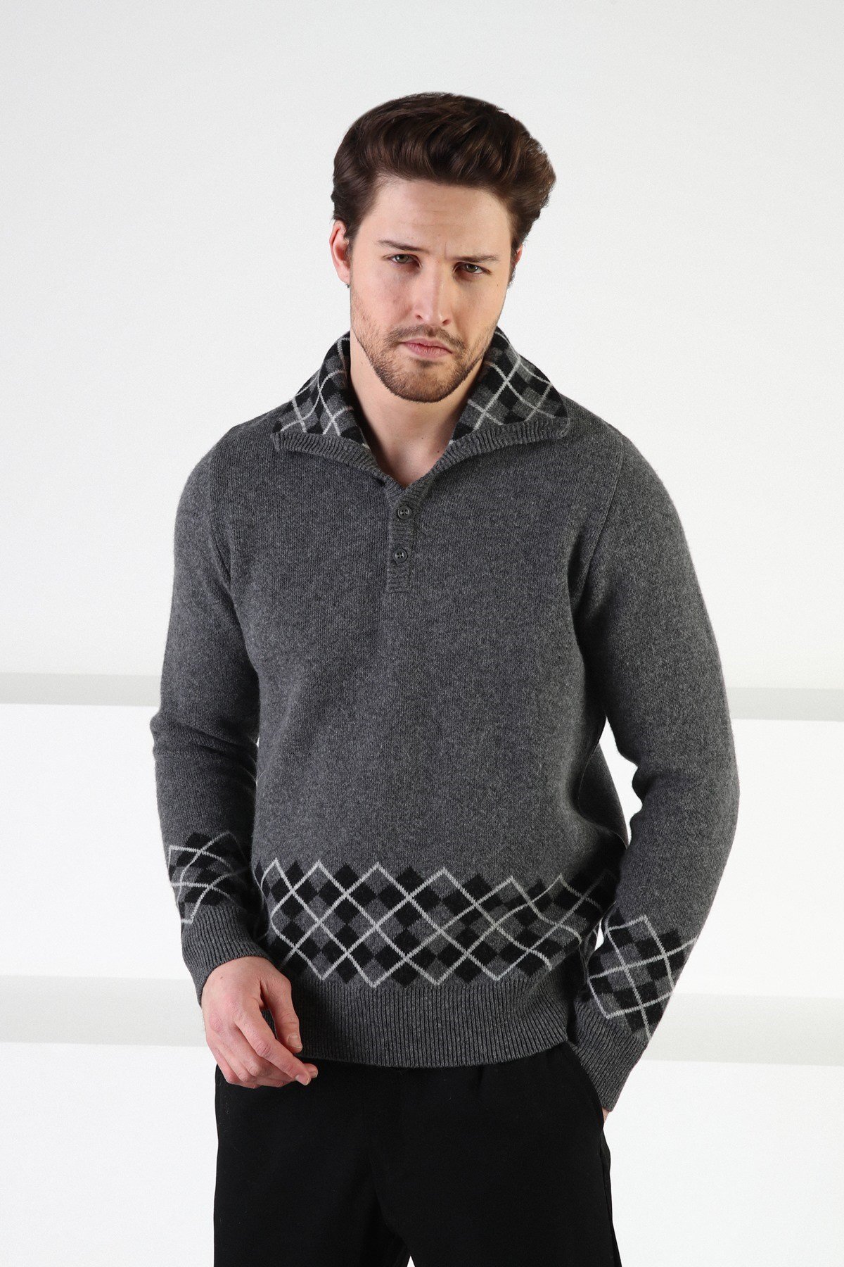 Ferraro Füme Düğmeli Dik Yaka %100 Kuzu Yünü Erkek Kazak