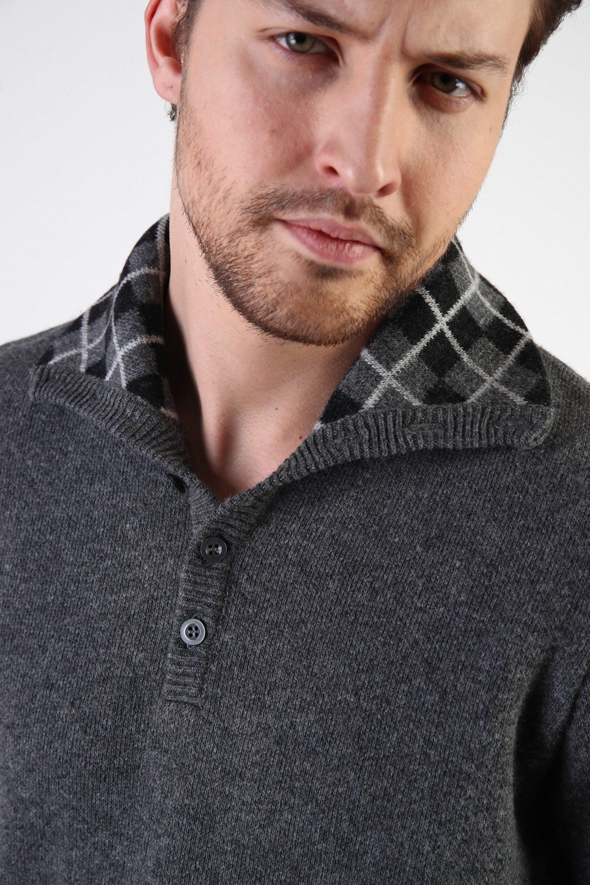 Ferraro Füme Düğmeli Dik Yaka %100 Kuzu Yünü Erkek Kazak