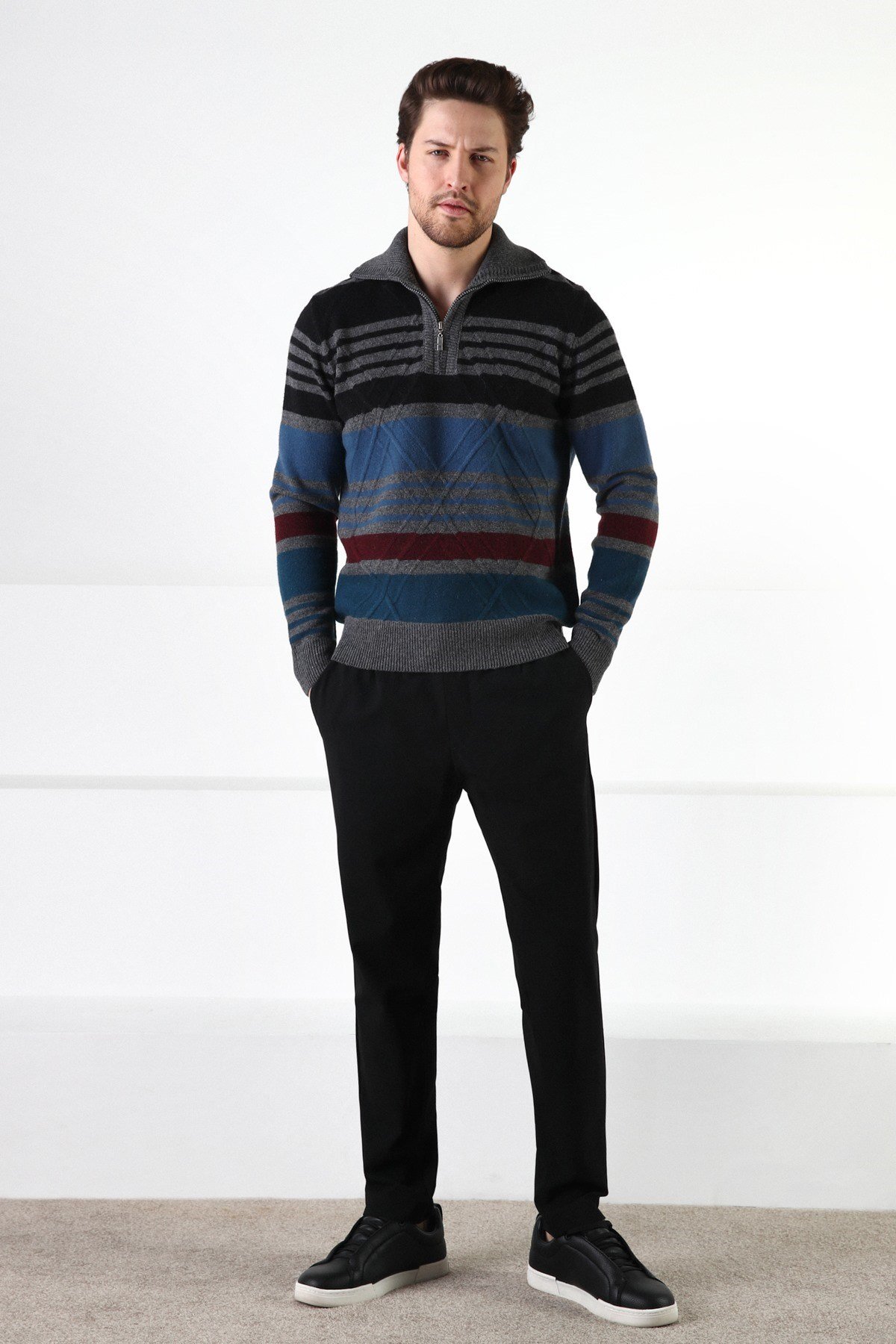 Ferraro Füme Fermuarlı Dik Yaka %100 Kuzu Yünü Erkek Kazak