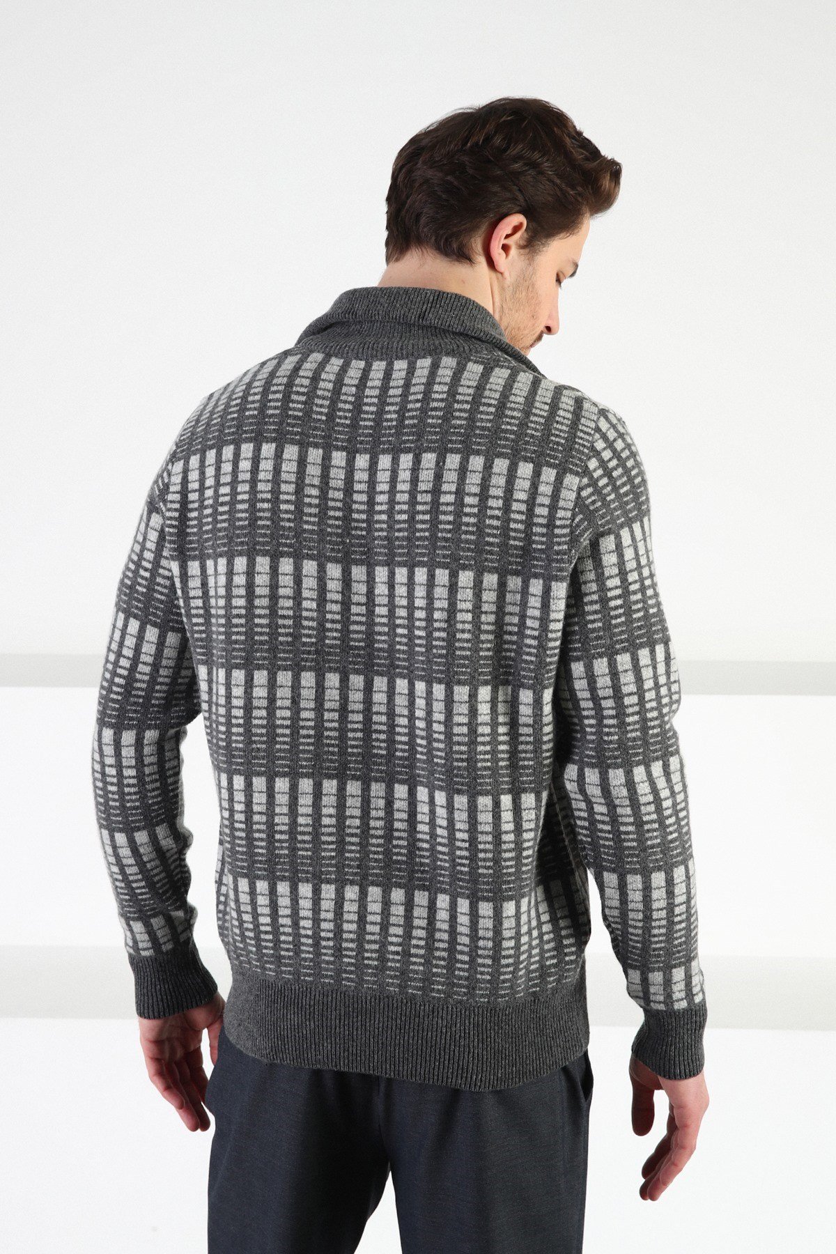 Ferraro Füme Fermuarlı Dik Yaka %100 Kuzu Yünü Erkek Kazak