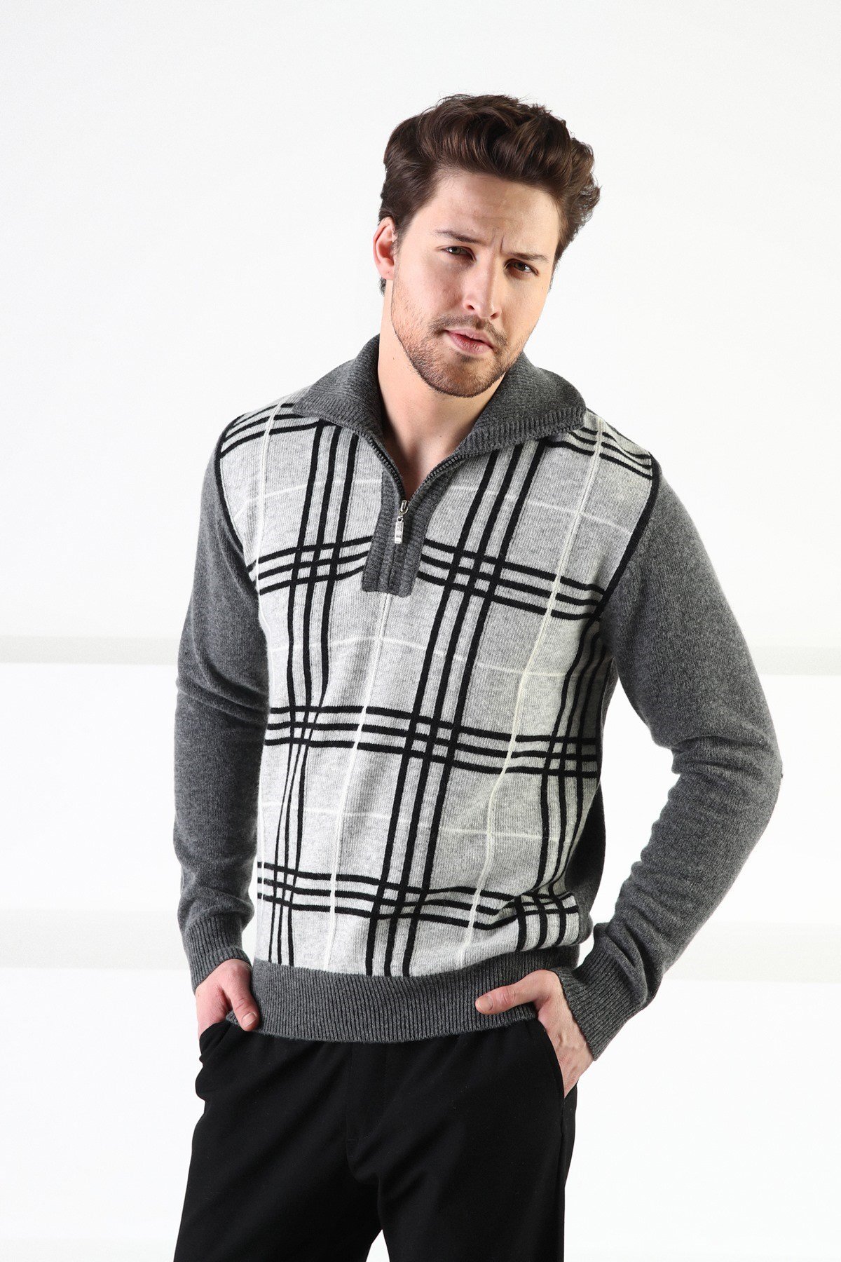 Ferraro Füme Fermuarlı Dik Yaka %100 Kuzu Yünü Erkek Kazak