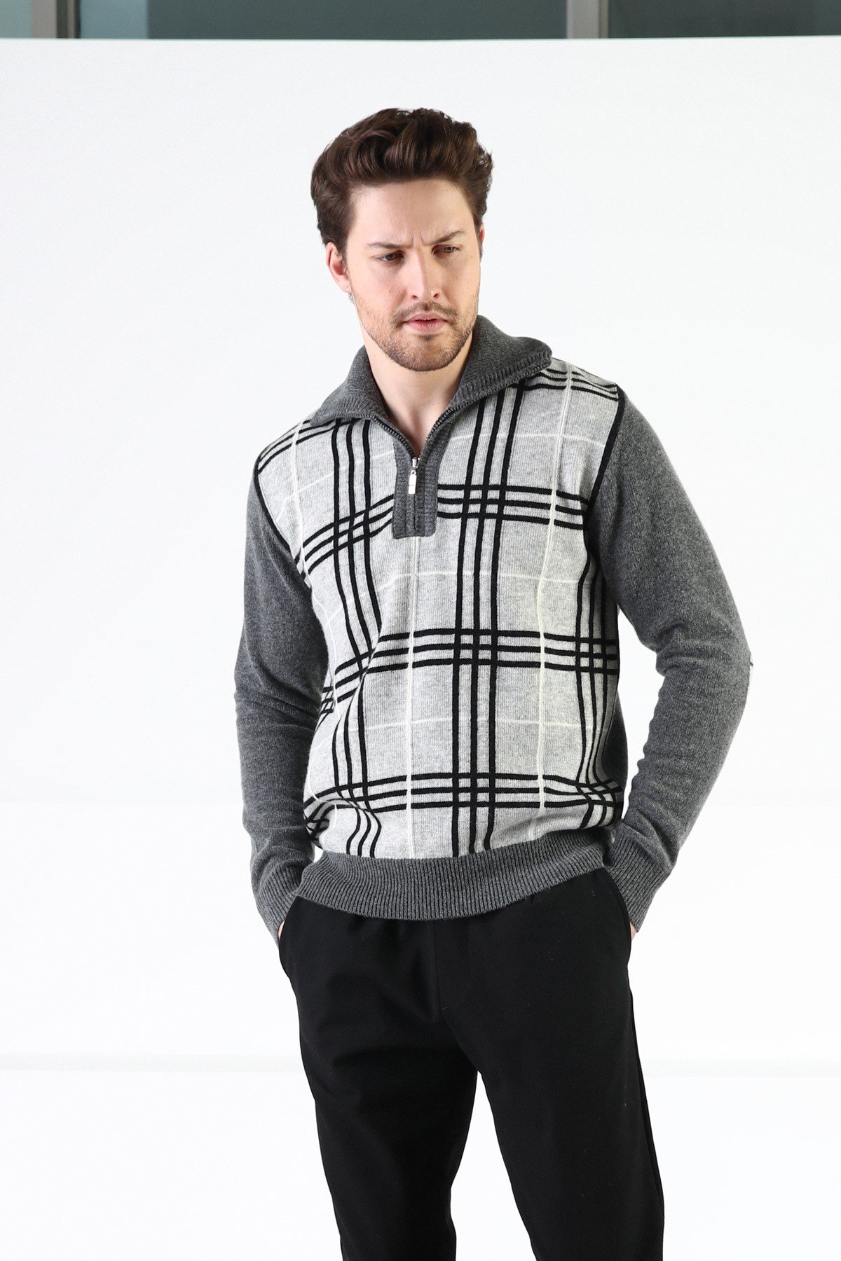 Ferraro Füme Fermuarlı Dik Yaka %100 Kuzu Yünü Erkek Kazak