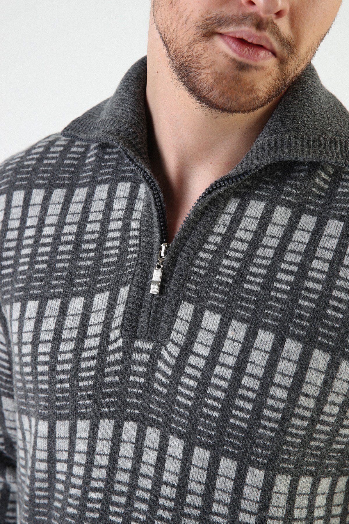 Ferraro Füme Fermuarlı Dik Yaka %100 Kuzu Yünü Erkek Kazak