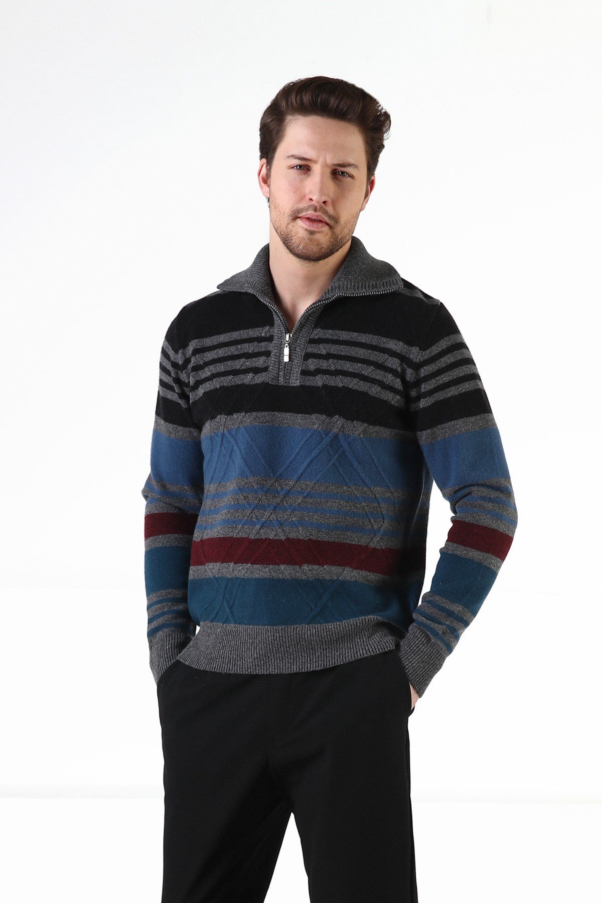 Ferraro Füme Fermuarlı Dik Yaka %100 Kuzu Yünü Erkek Kazak