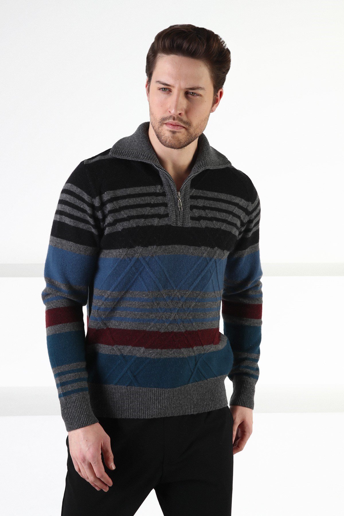 Ferraro Füme Fermuarlı Dik Yaka %100 Kuzu Yünü Erkek Kazak