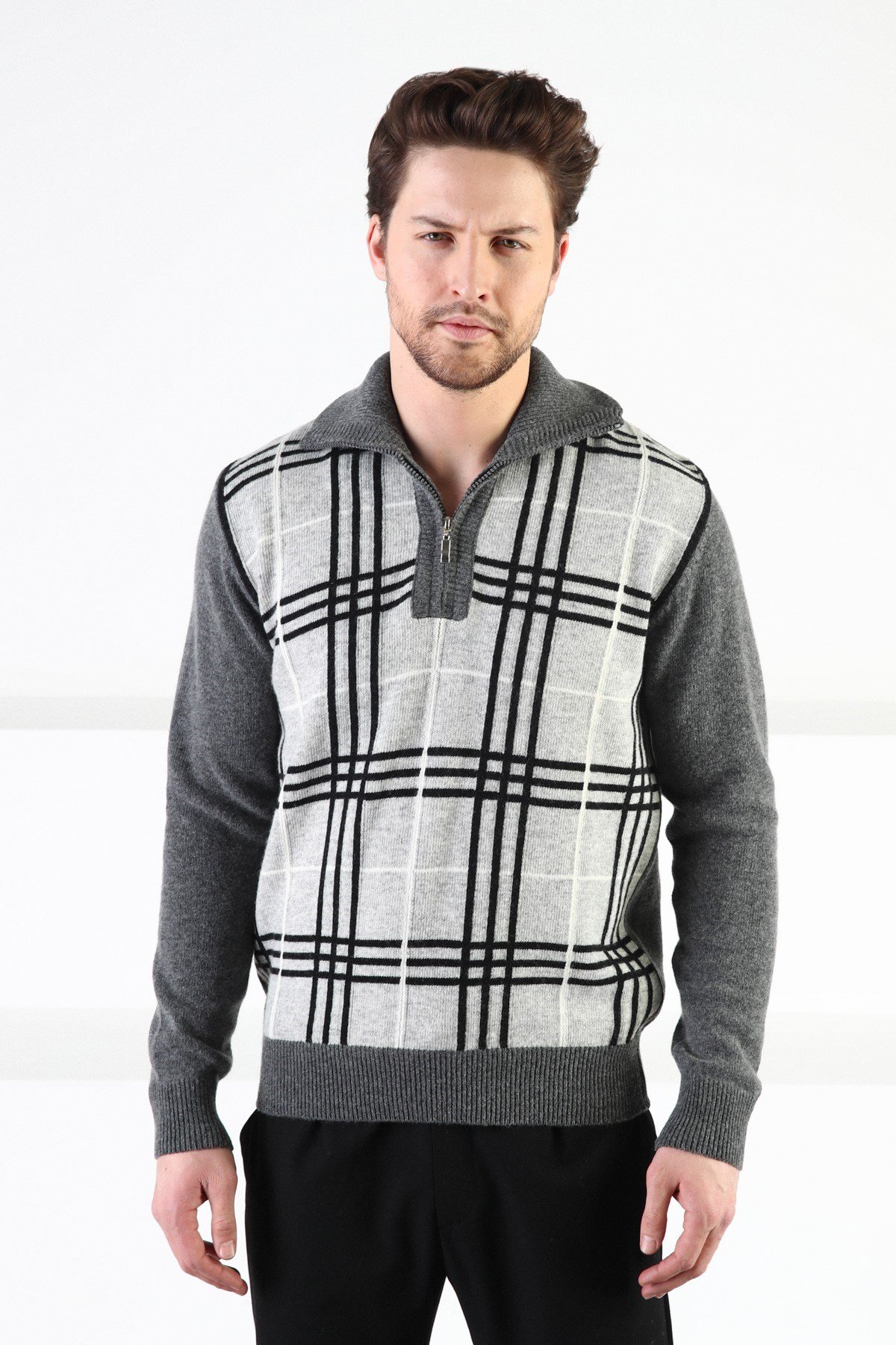 Ferraro Füme Fermuarlı Dik Yaka %100 Kuzu Yünü Erkek Kazak