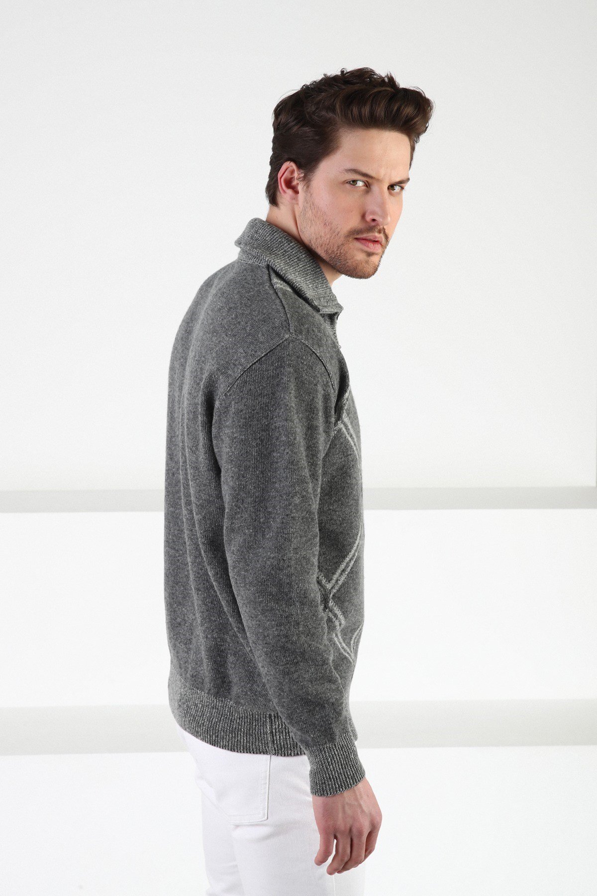 Ferraro Füme Fermuarlı Dik Yaka %100 Kuzu Yünü Erkek Kazak