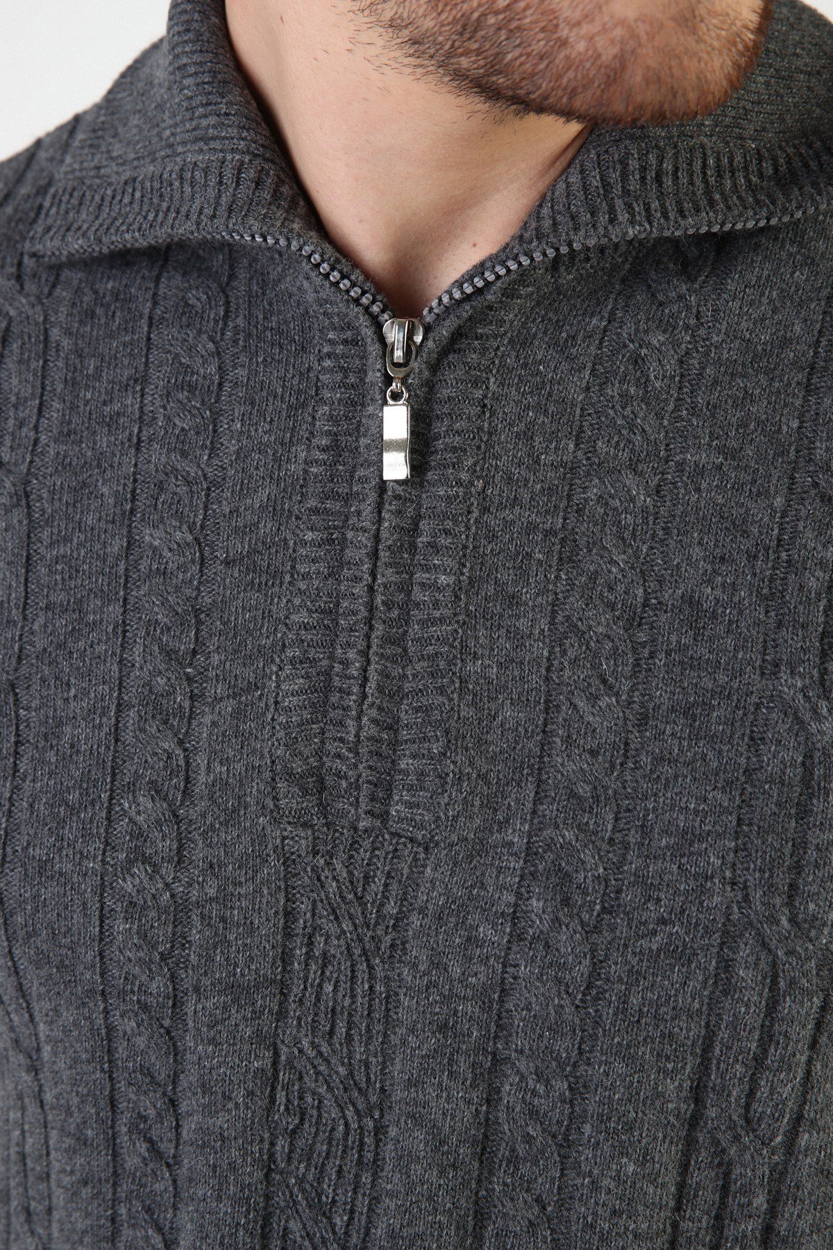 Ferraro Füme Örgü Desenli Dik Yaka %100 Kuzu Yünü Erkek Kazak