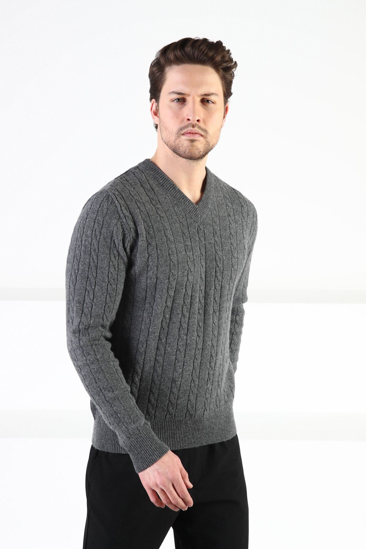 Ferraro Füme V Yaka %100 Kuzu Yünü Erkek Kazak