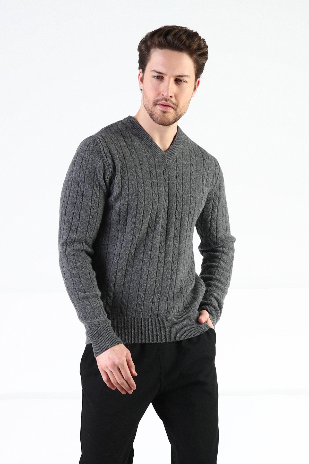 Ferraro Füme V Yaka %100 Kuzu Yünü Erkek Kazak