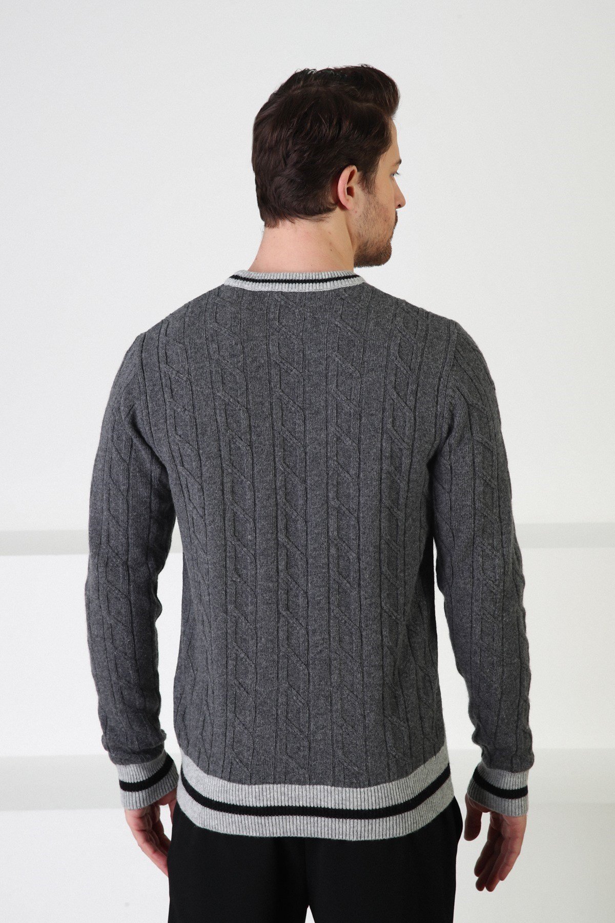 Ferraro Füme/A.Gri Bisiklet Yaka %100 Kuzu Yünü Erkek Kazak