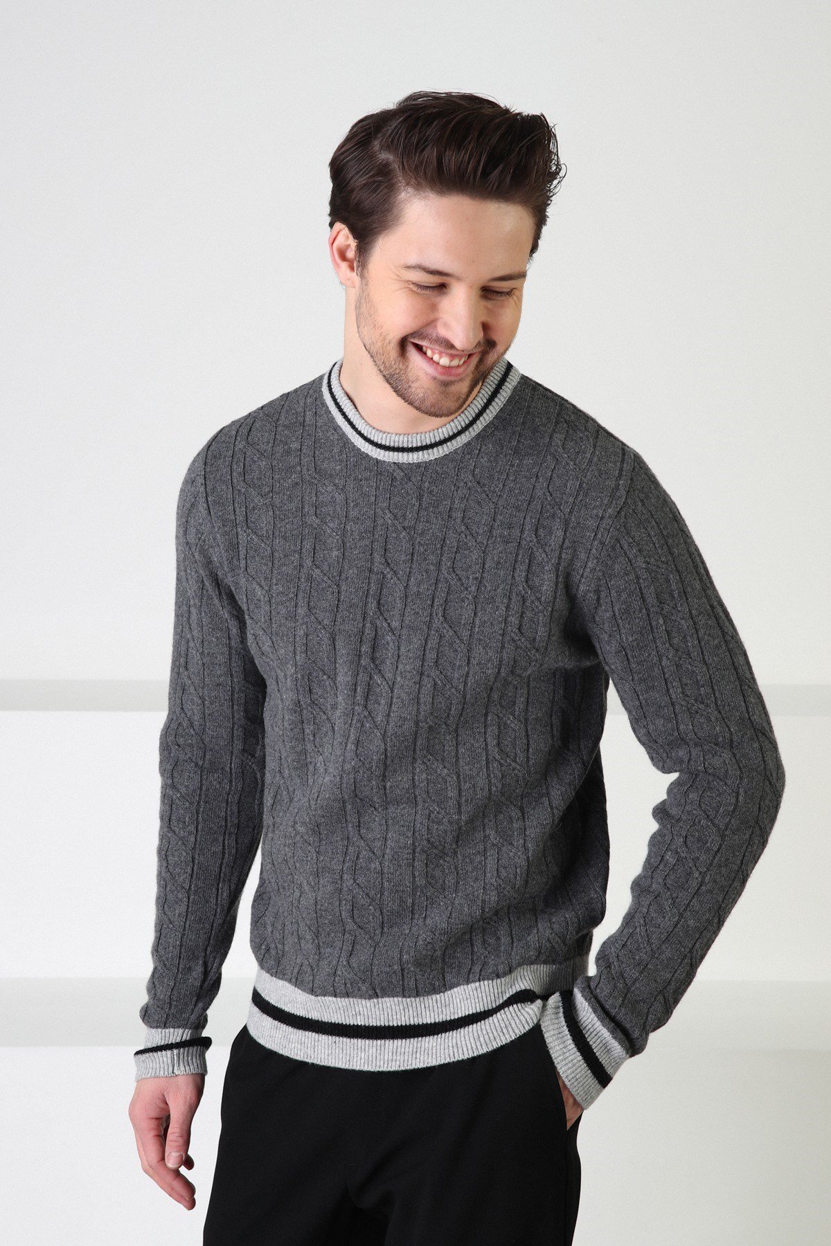 Ferraro Füme/A.Gri Bisiklet Yaka %100 Kuzu Yünü Erkek Kazak