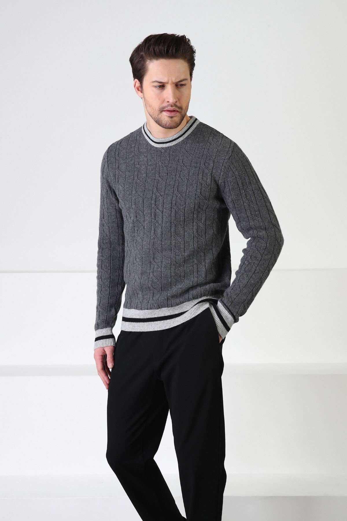 Ferraro Füme/A.Gri Bisiklet Yaka %100 Kuzu Yünü Erkek Kazak