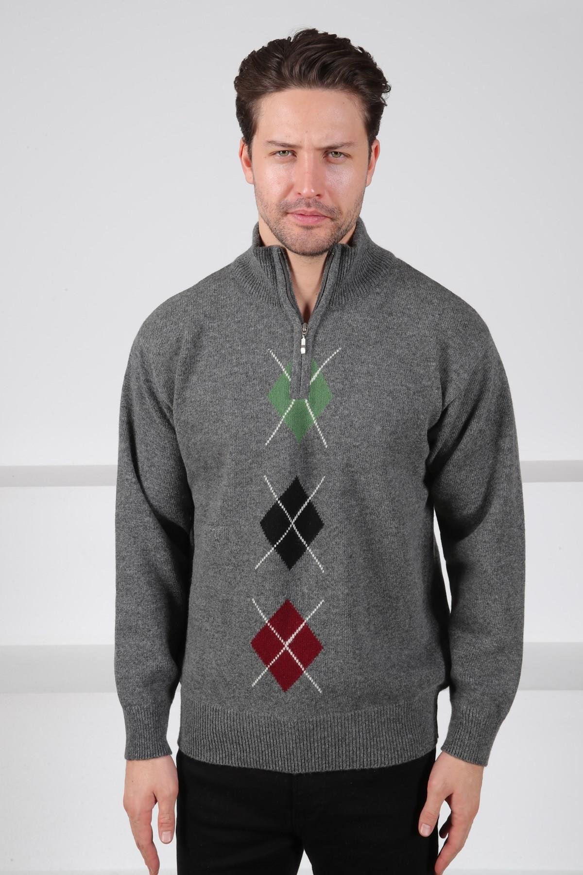 Ferraro Füme/Yeşil Balıkçı Yaka Fermuarlı Yeşil Siyah Desenli Uzun Kollu %100 Kuzu Yünü Erkek Triko Kazak