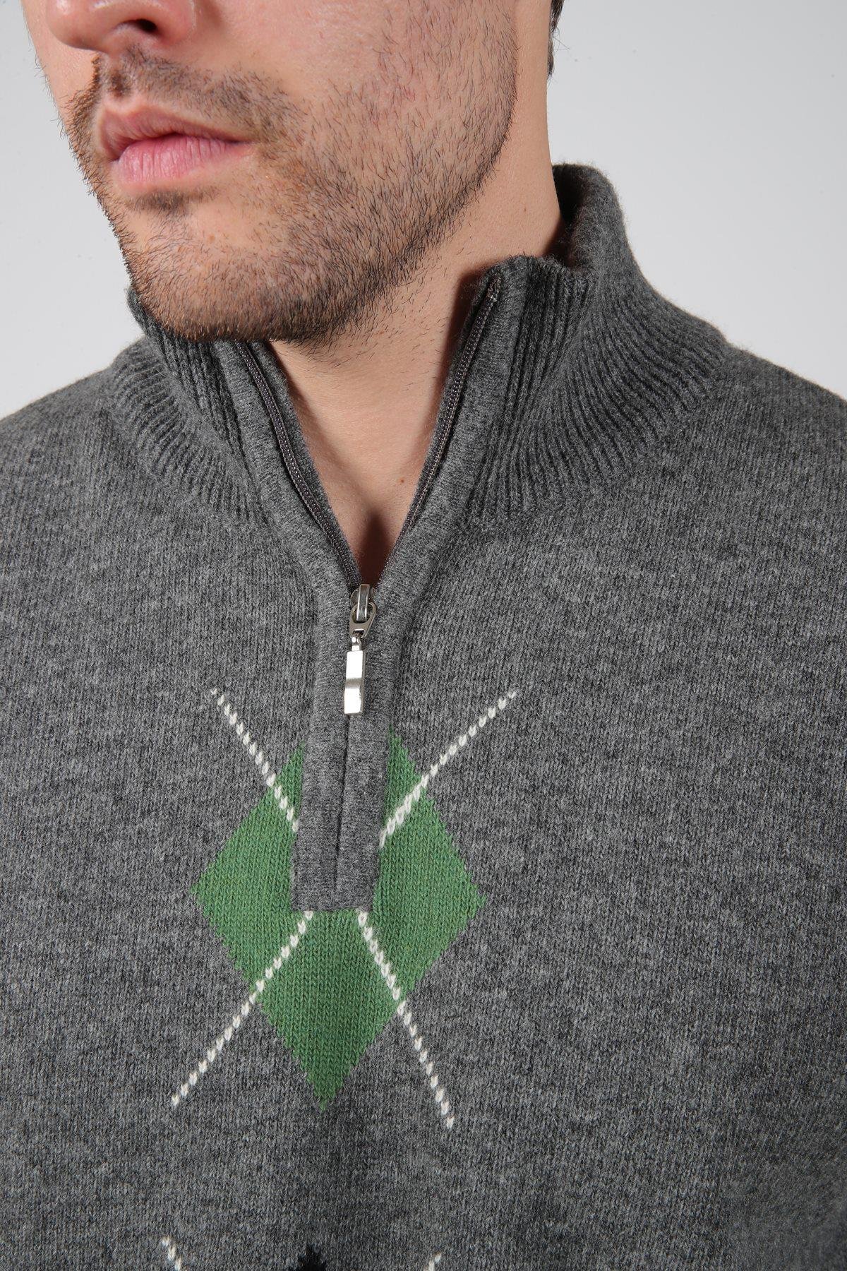 Ferraro Füme/Yeşil Balıkçı Yaka Fermuarlı Yeşil Siyah Desenli Uzun Kollu %100 Kuzu Yünü Erkek Triko Kazak