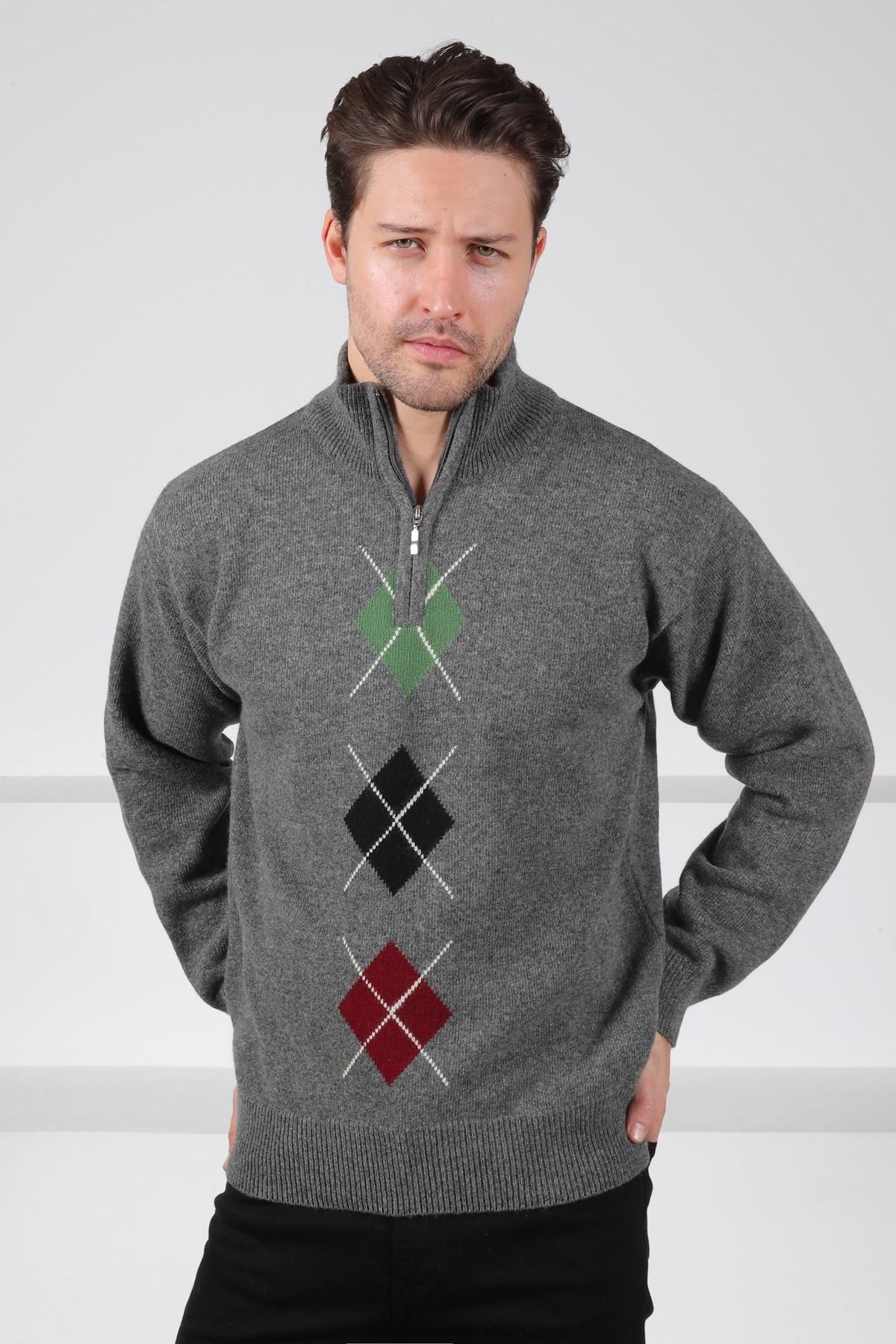 Ferraro Füme/Yeşil Balıkçı Yaka Fermuarlı Yeşil Siyah Desenli Uzun Kollu %100 Kuzu Yünü Erkek Triko Kazak