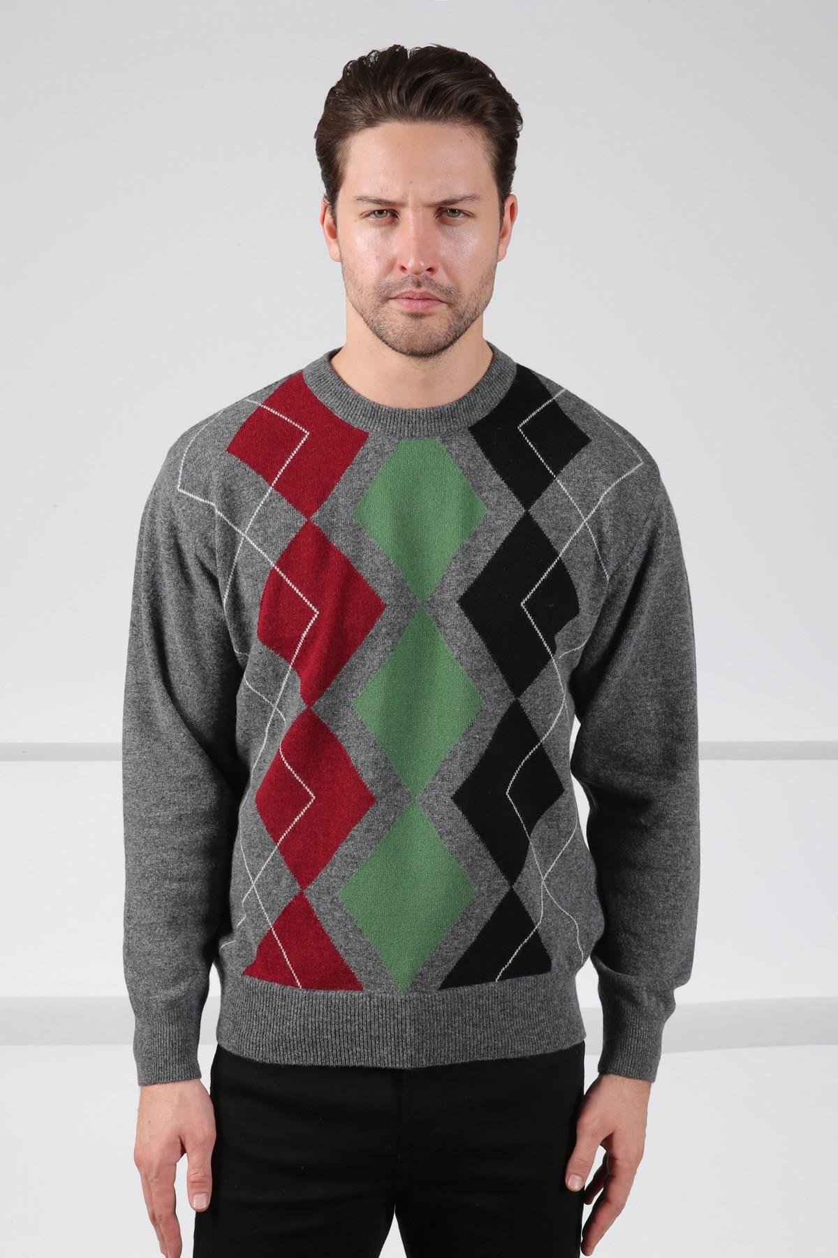 Ferraro Füme/Yeşil Bisiklet Yaka Çok Tonlu Baklava Desenli Uzun Kollu %100 Kuzu Yünü Erkek Triko Kazak