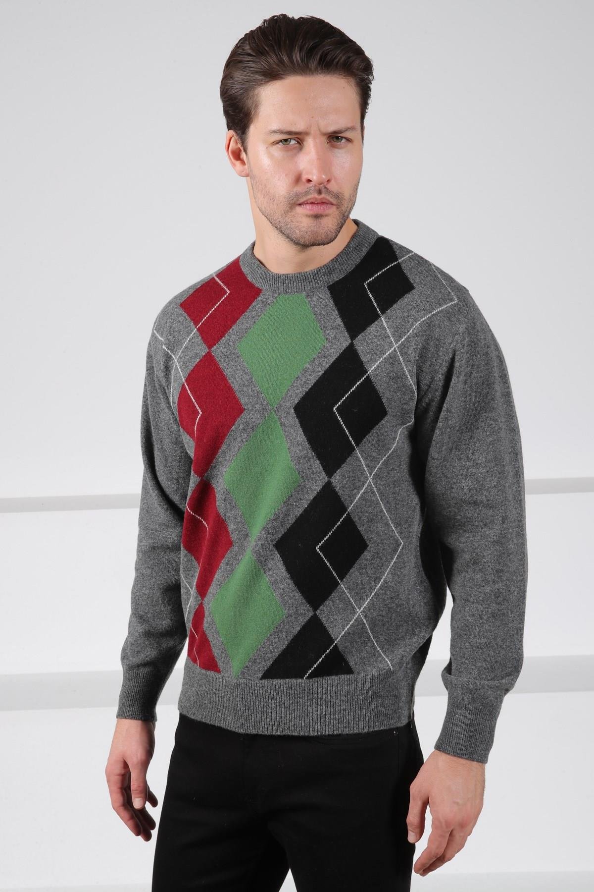 Ferraro Füme/Yeşil Bisiklet Yaka Çok Tonlu Baklava Desenli Uzun Kollu %100 Kuzu Yünü Erkek Triko Kazak