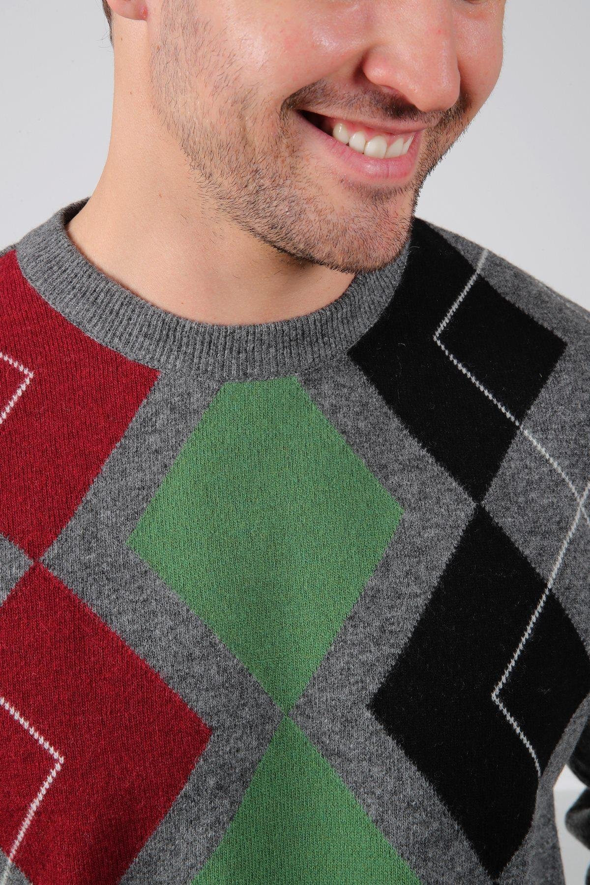 Ferraro Füme/Yeşil Bisiklet Yaka Çok Tonlu Baklava Desenli Uzun Kollu %100 Kuzu Yünü Erkek Triko Kazak