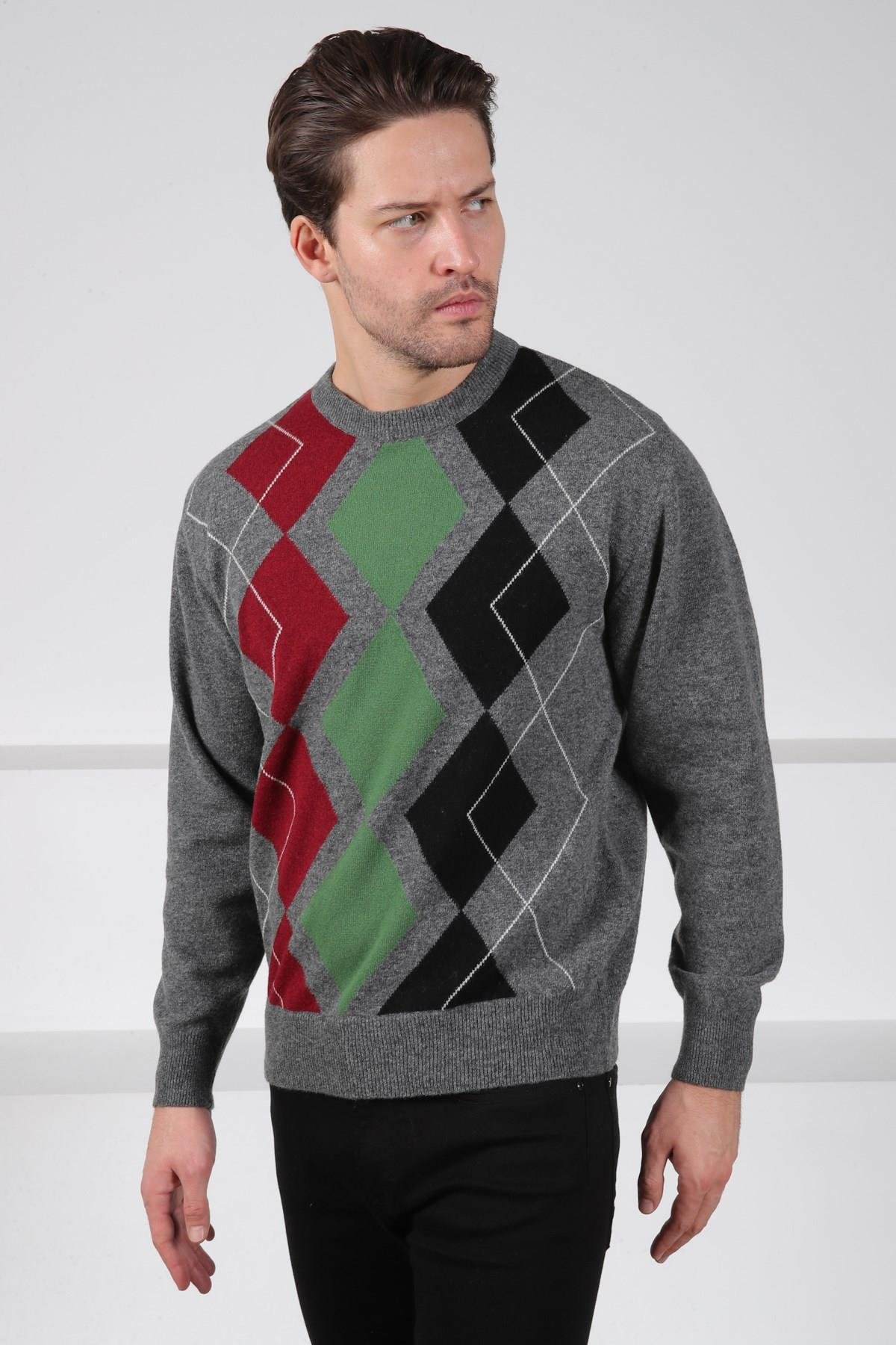Ferraro Füme/Yeşil Bisiklet Yaka Çok Tonlu Baklava Desenli Uzun Kollu %100 Kuzu Yünü Erkek Triko Kazak