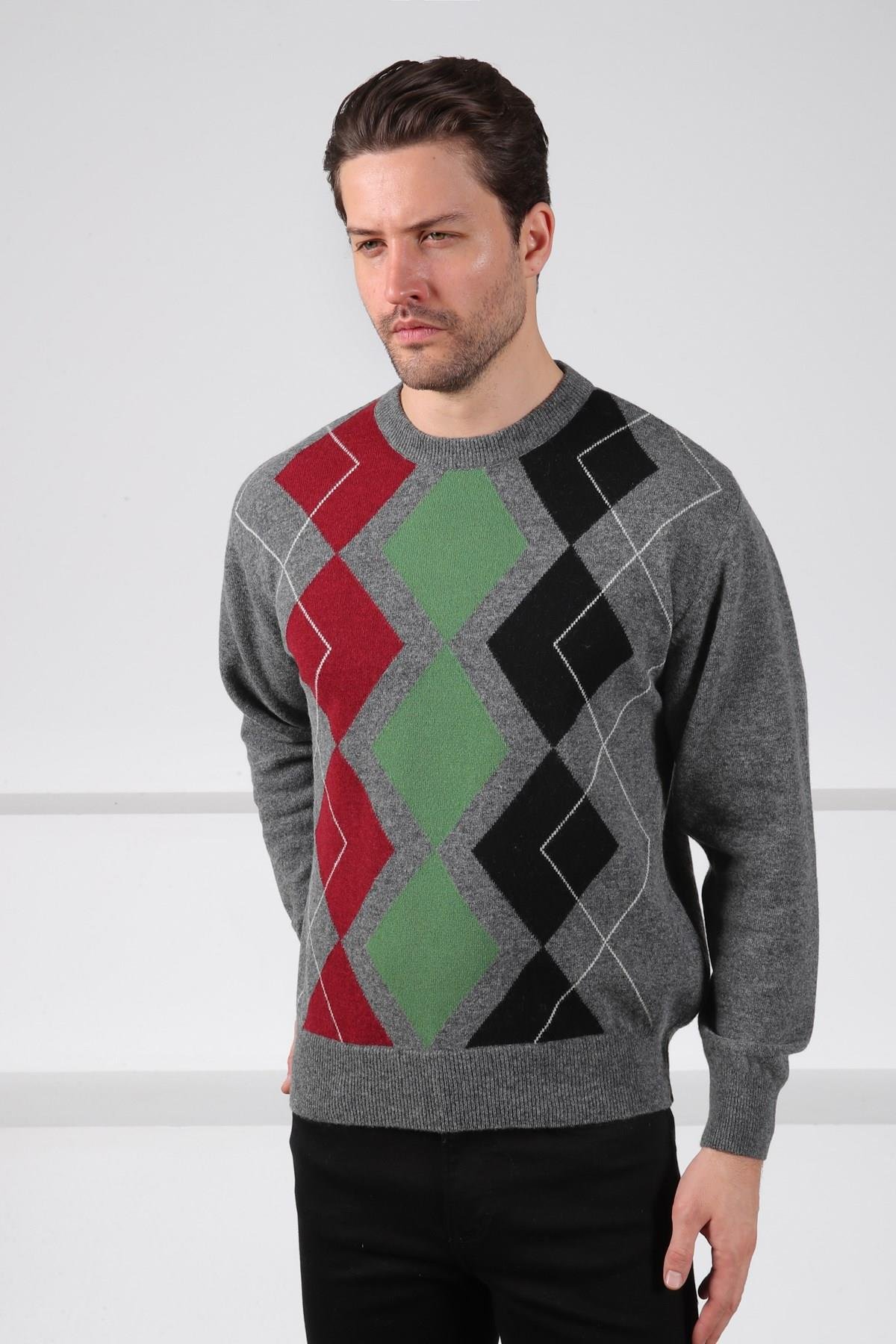 Ferraro Füme/Yeşil Bisiklet Yaka Çok Tonlu Baklava Desenli Uzun Kollu %100 Kuzu Yünü Erkek Triko Kazak