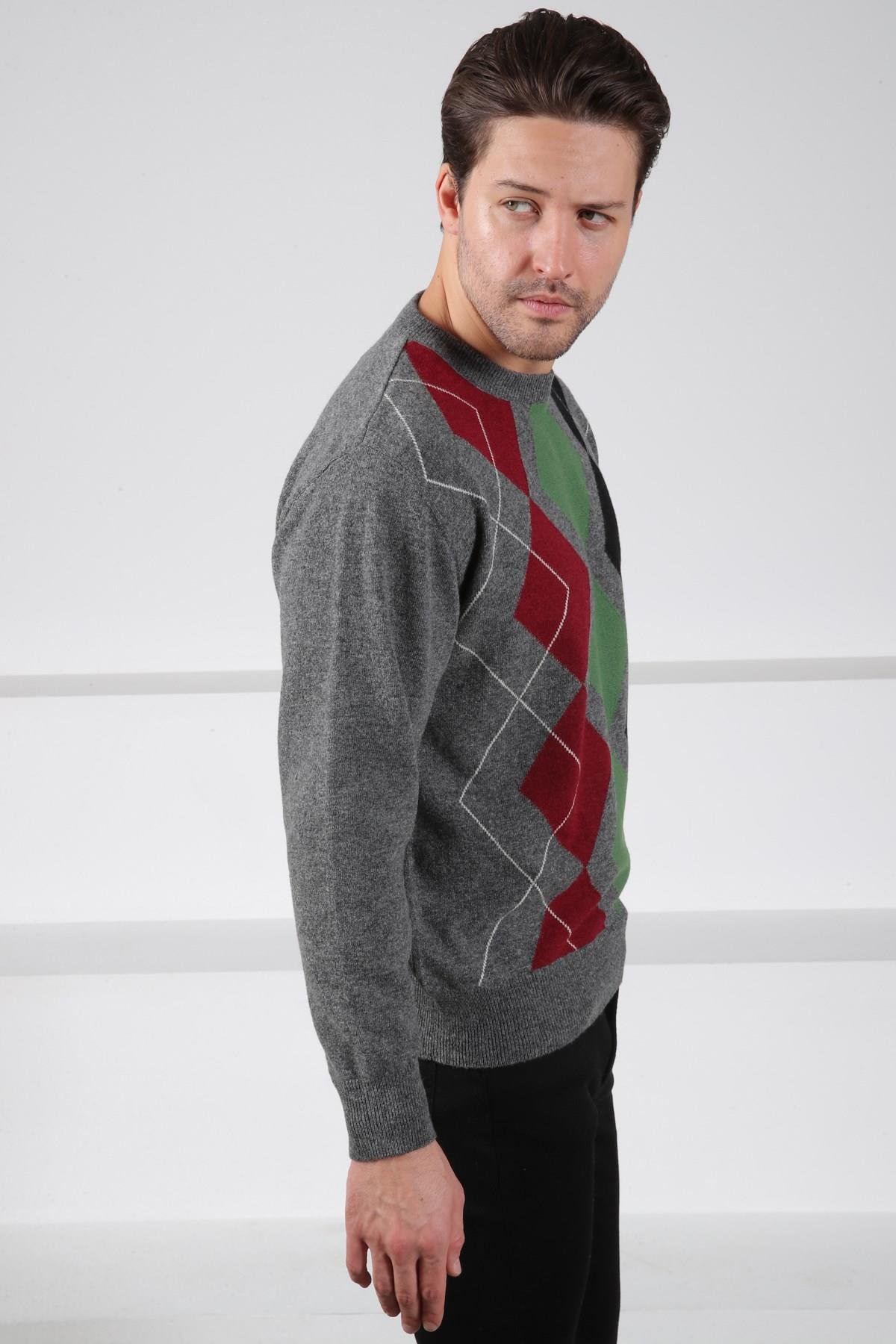 Ferraro Füme/Yeşil Bisiklet Yaka Çok Tonlu Baklava Desenli Uzun Kollu %100 Kuzu Yünü Erkek Triko Kazak