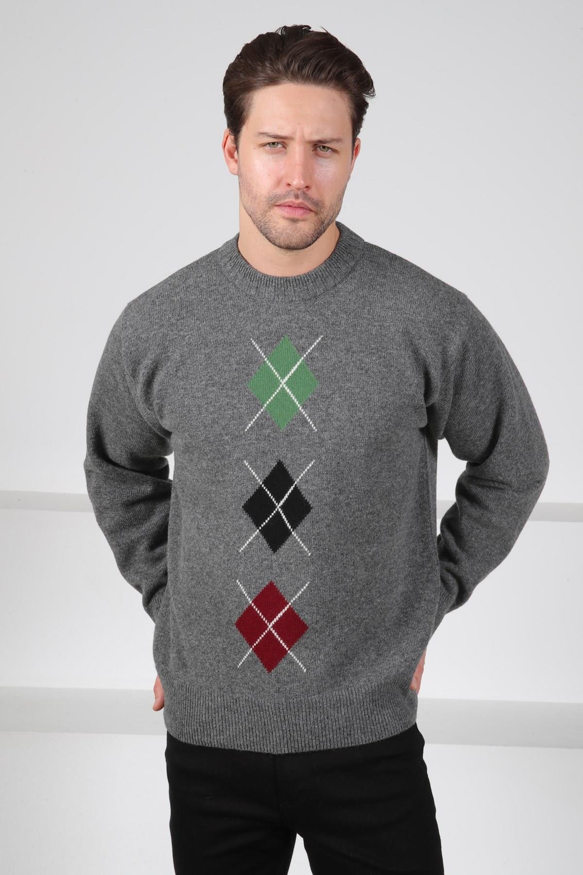 Ferraro Füme/Yeşil Bisiklet Yaka Yeşil Siyah Desenli Uzun Kollu %100 Kuzu Yünü Erkek Triko Kazak