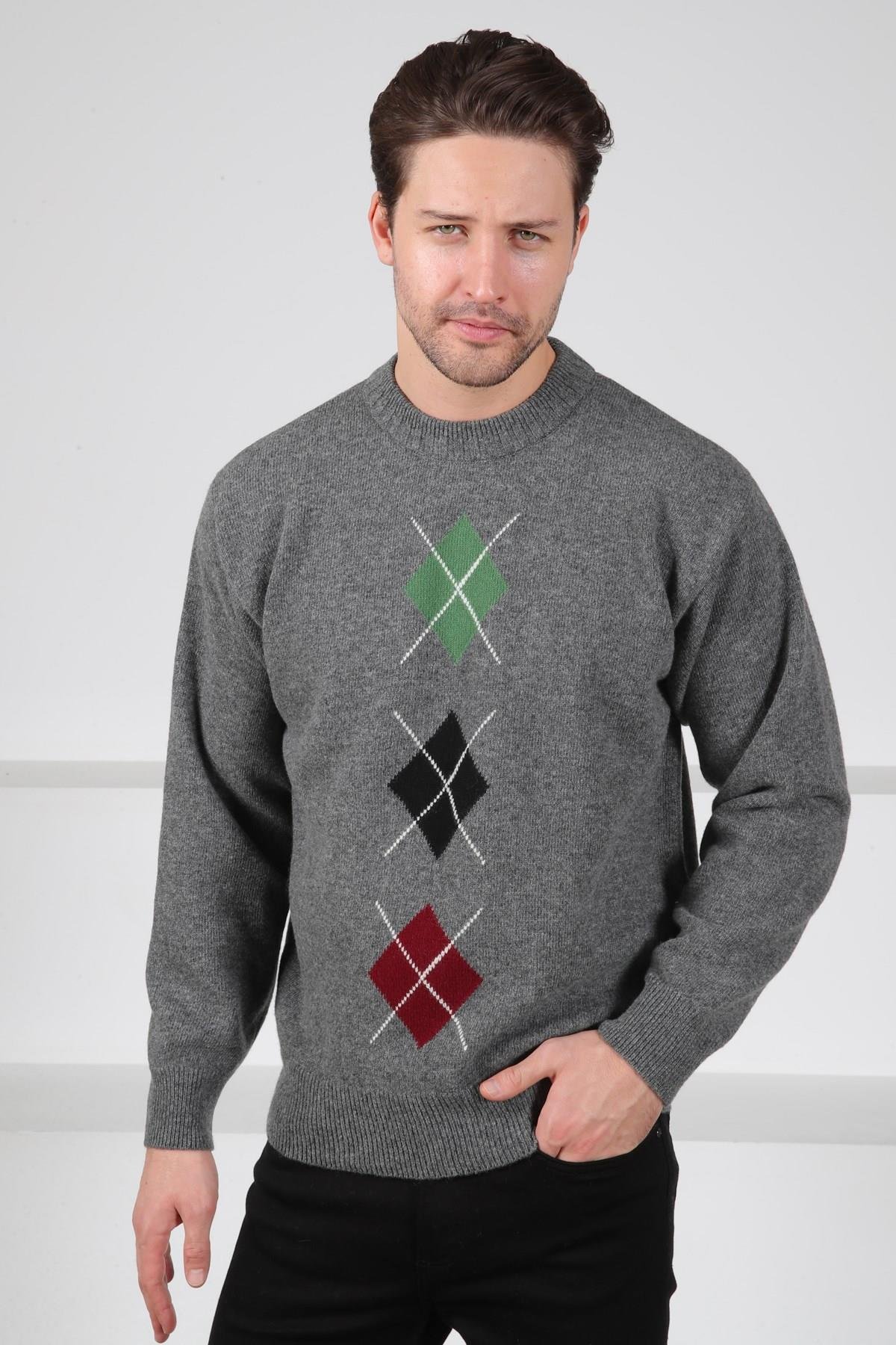 Ferraro Füme/Yeşil Bisiklet Yaka Yeşil Siyah Desenli Uzun Kollu %100 Kuzu Yünü Erkek Triko Kazak