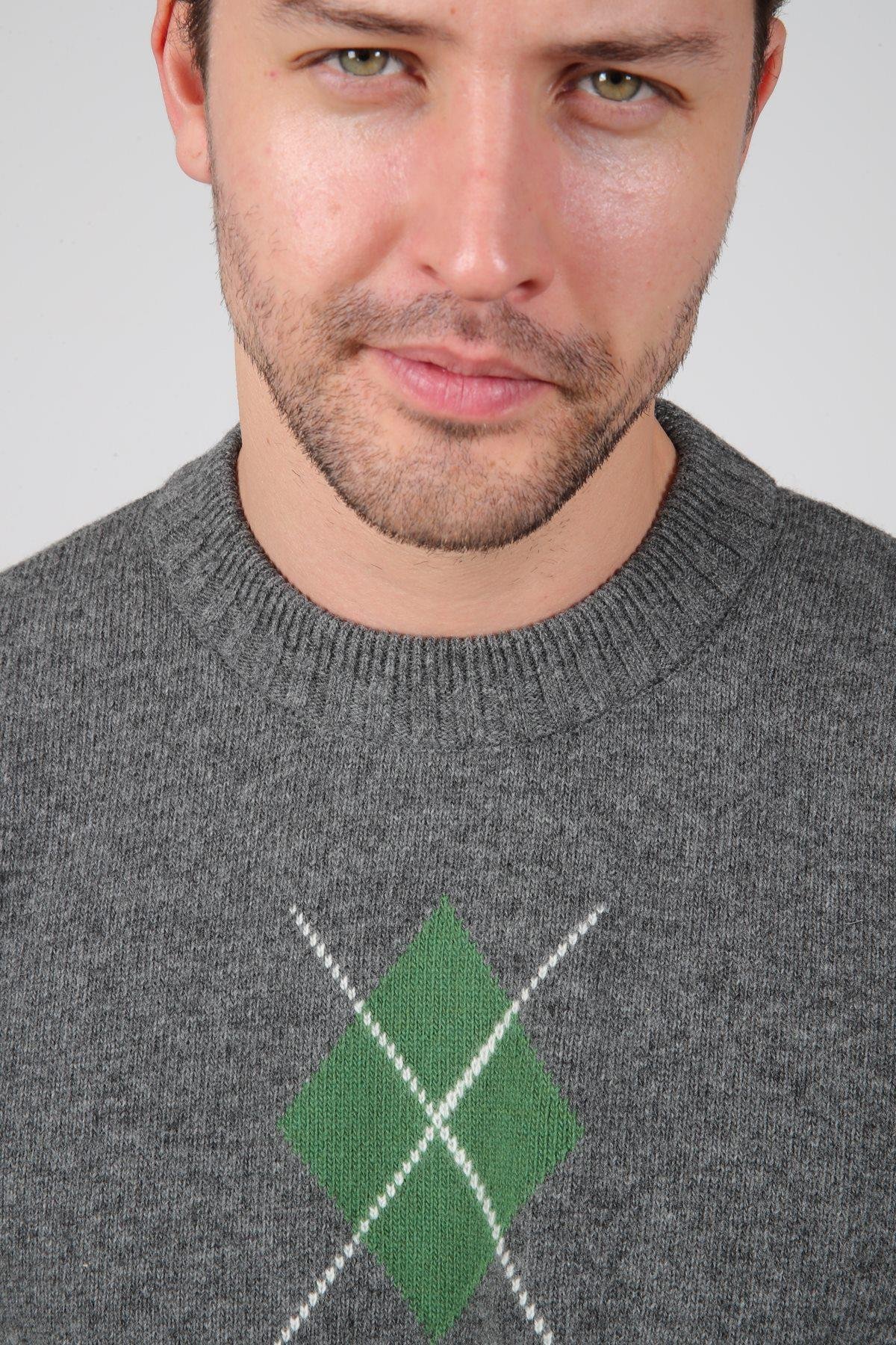 Ferraro Füme/Yeşil Bisiklet Yaka Yeşil Siyah Desenli Uzun Kollu %100 Kuzu Yünü Erkek Triko Kazak