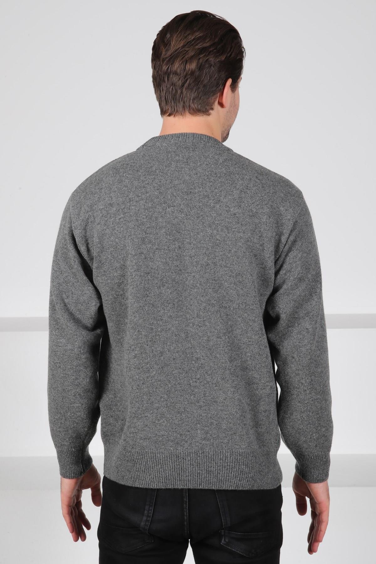 Ferraro Füme/Yeşil Bisiklet Yaka Yeşil Siyah Desenli Uzun Kollu %100 Kuzu Yünü Erkek Triko Kazak