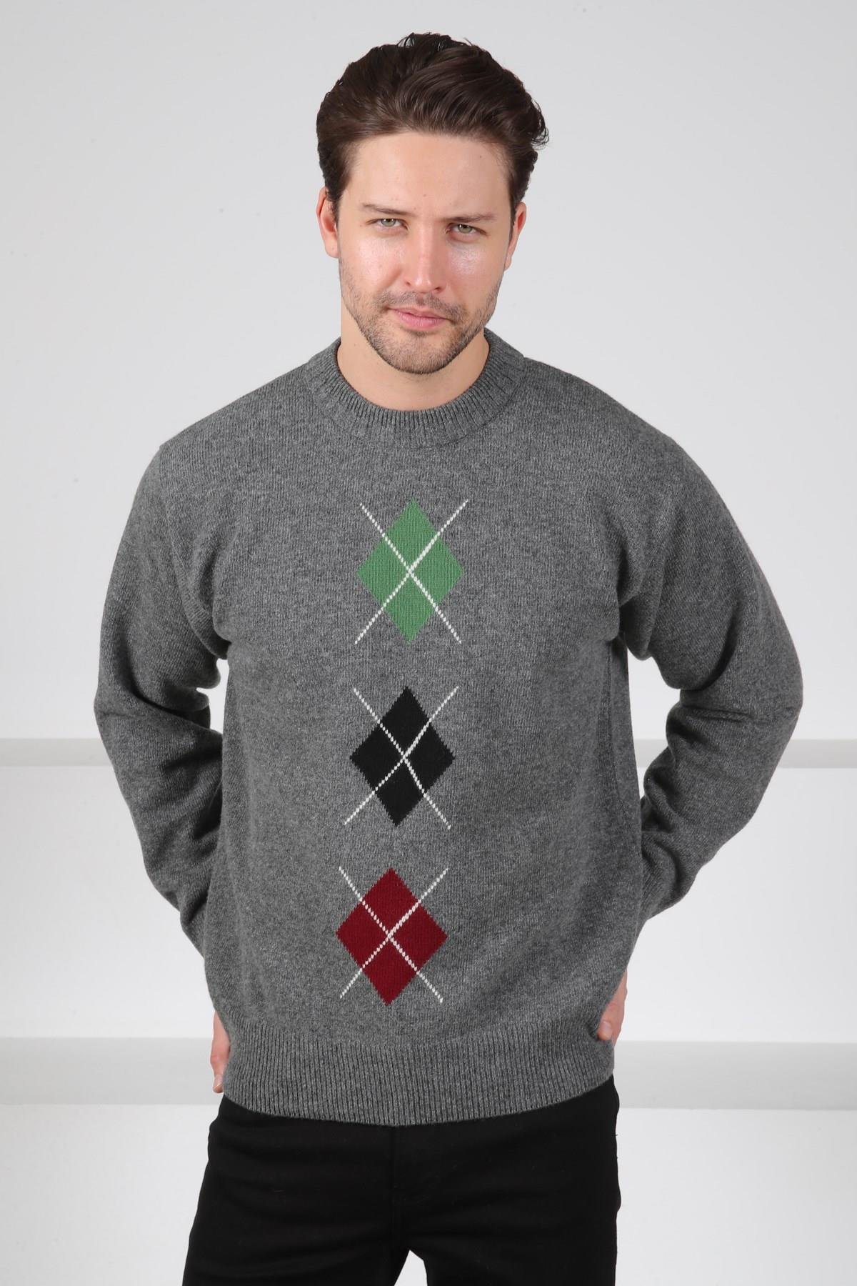 Ferraro Füme/Yeşil Bisiklet Yaka Yeşil Siyah Desenli Uzun Kollu %100 Kuzu Yünü Erkek Triko Kazak
